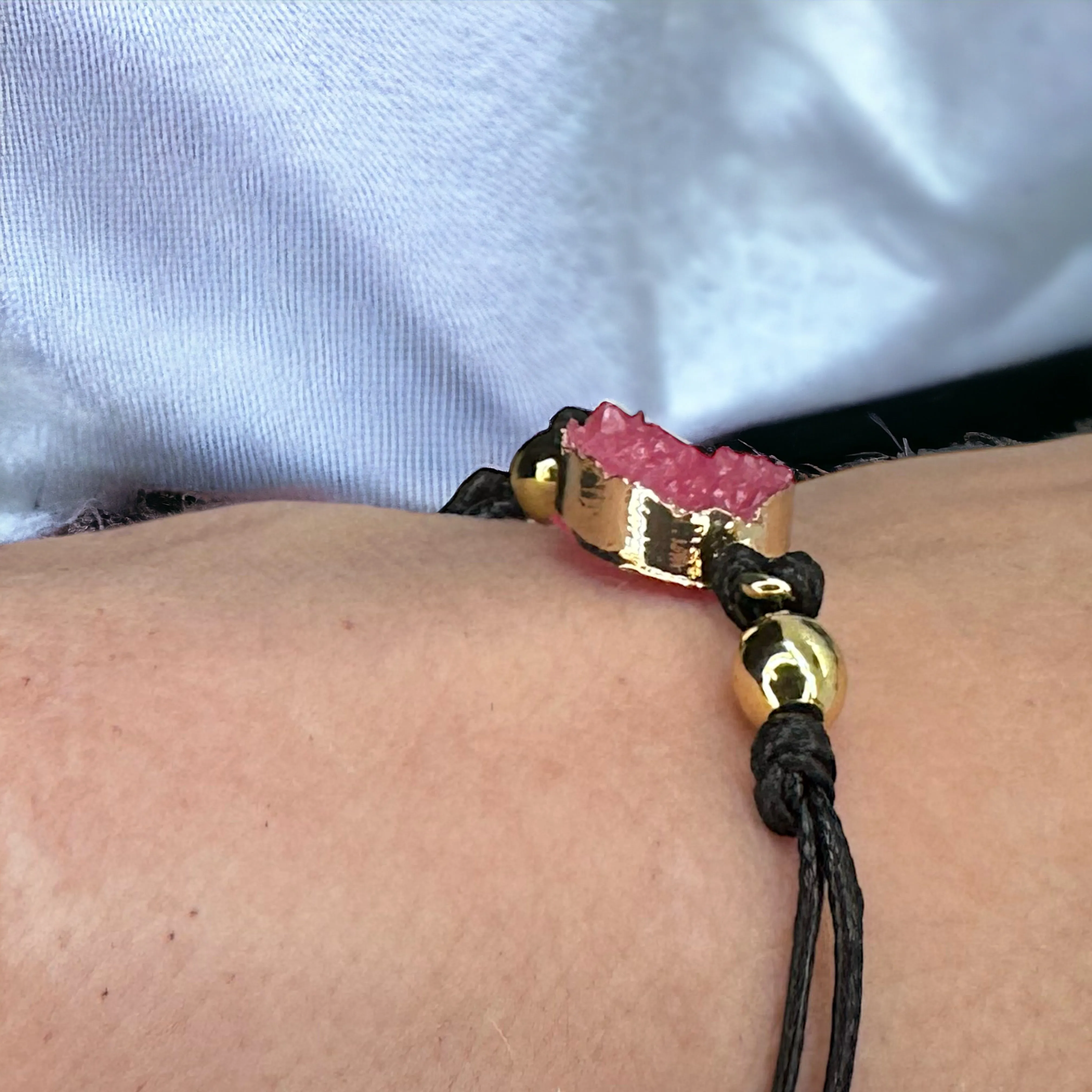 Black Leather Bracelet with Gold and Pink Charm