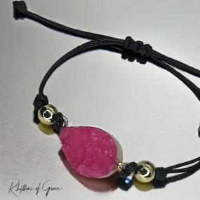 Black Leather Bracelet with Gold and Pink Charm