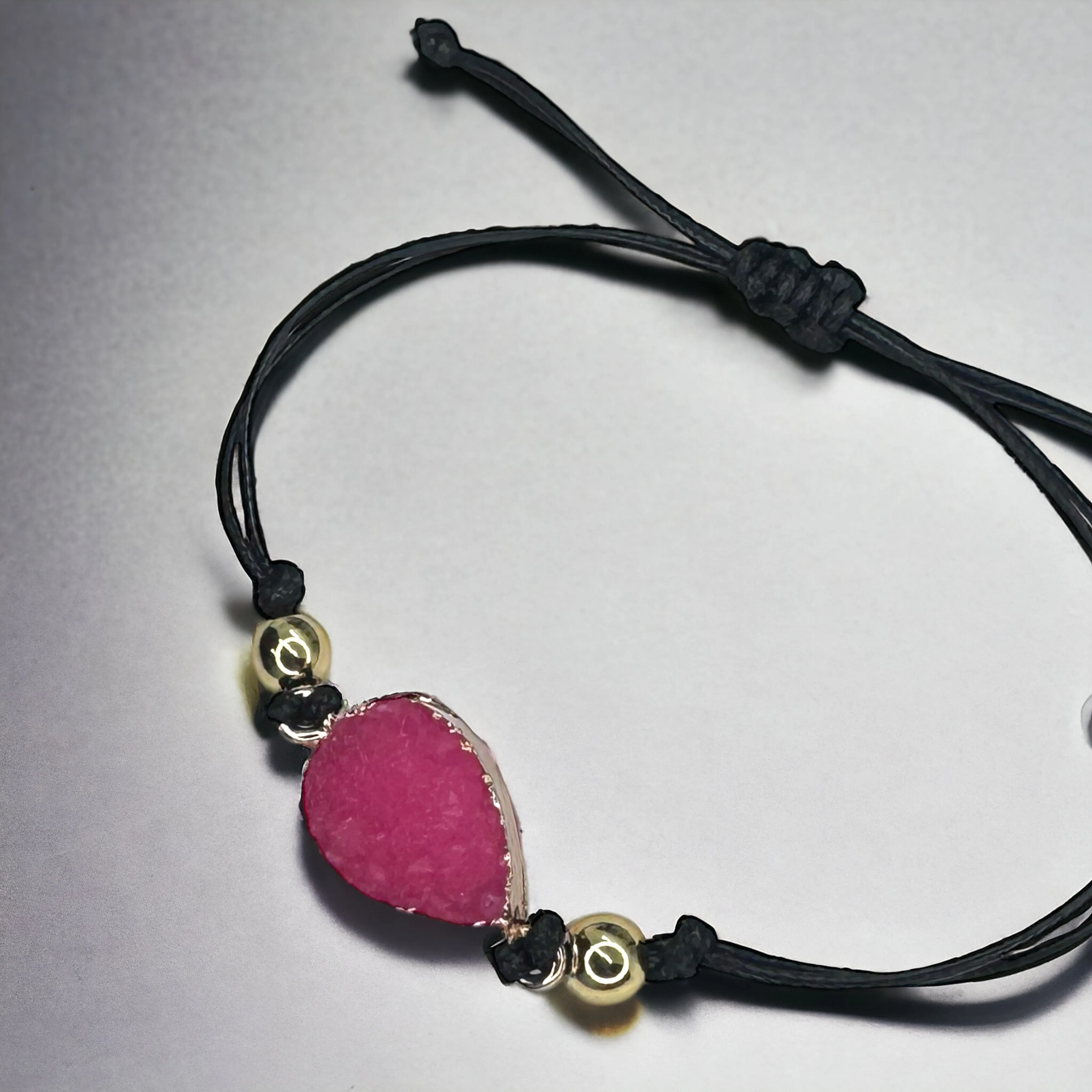 Black Leather Bracelet with Gold and Pink Charm