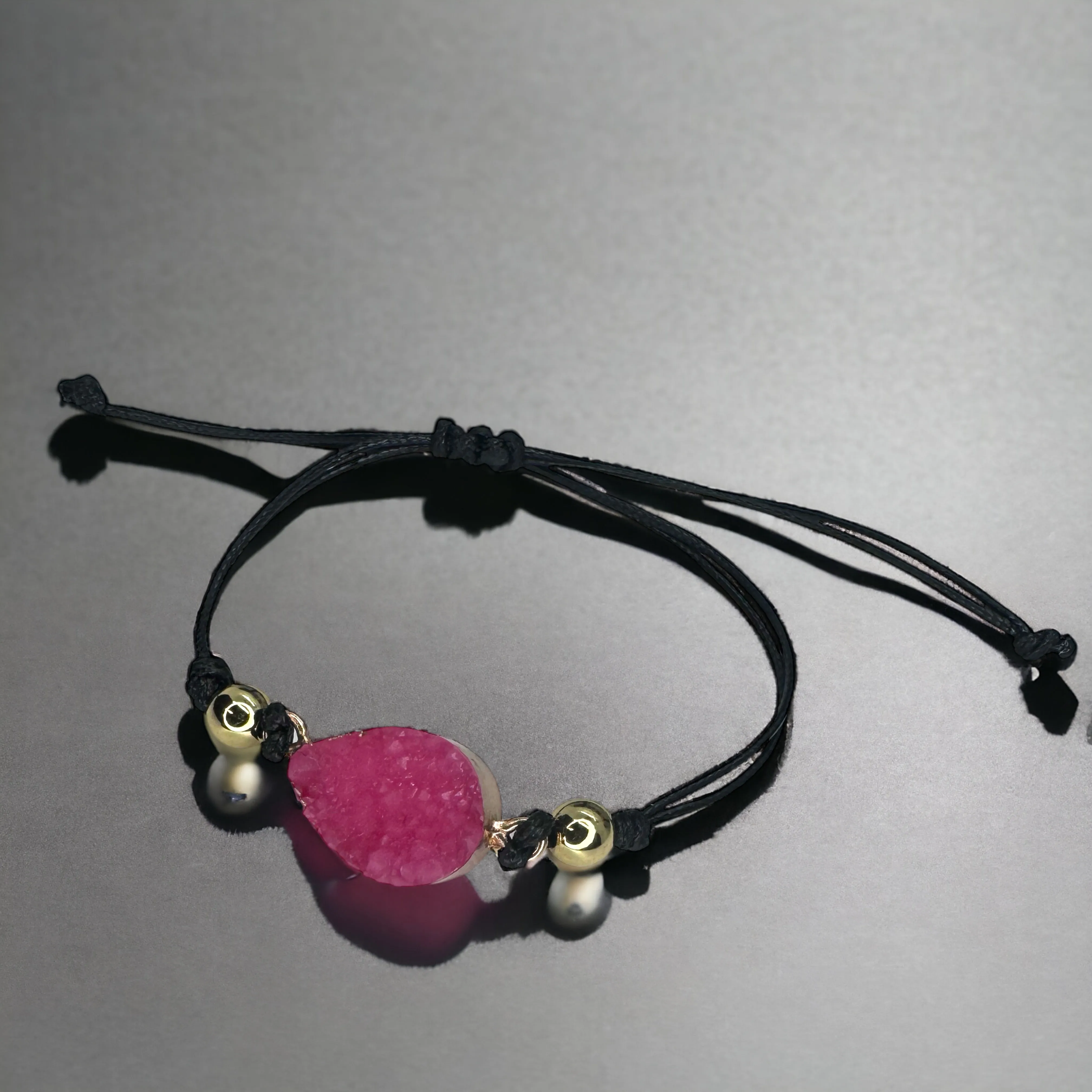 Black Leather Bracelet with Gold and Pink Charm