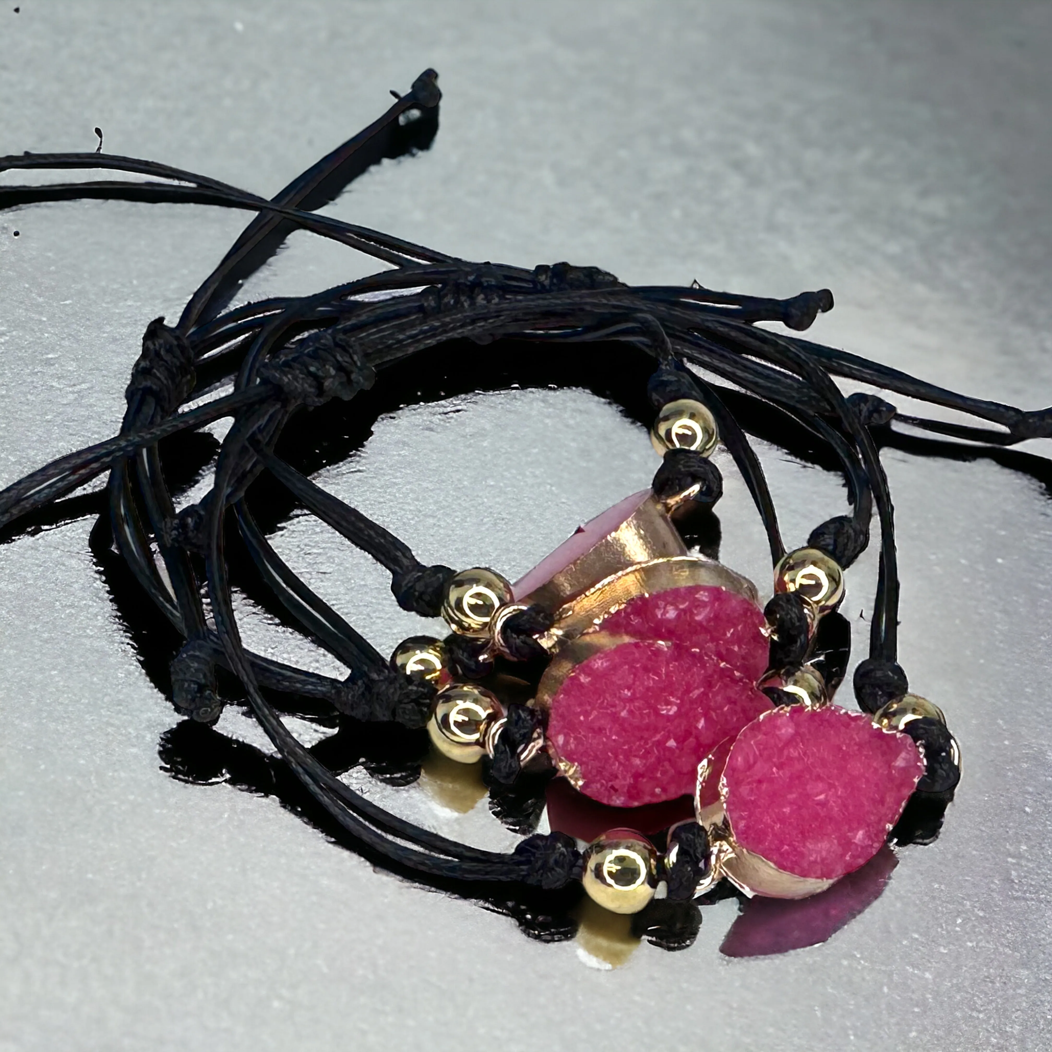 Black Leather Bracelet with Gold and Pink Charm