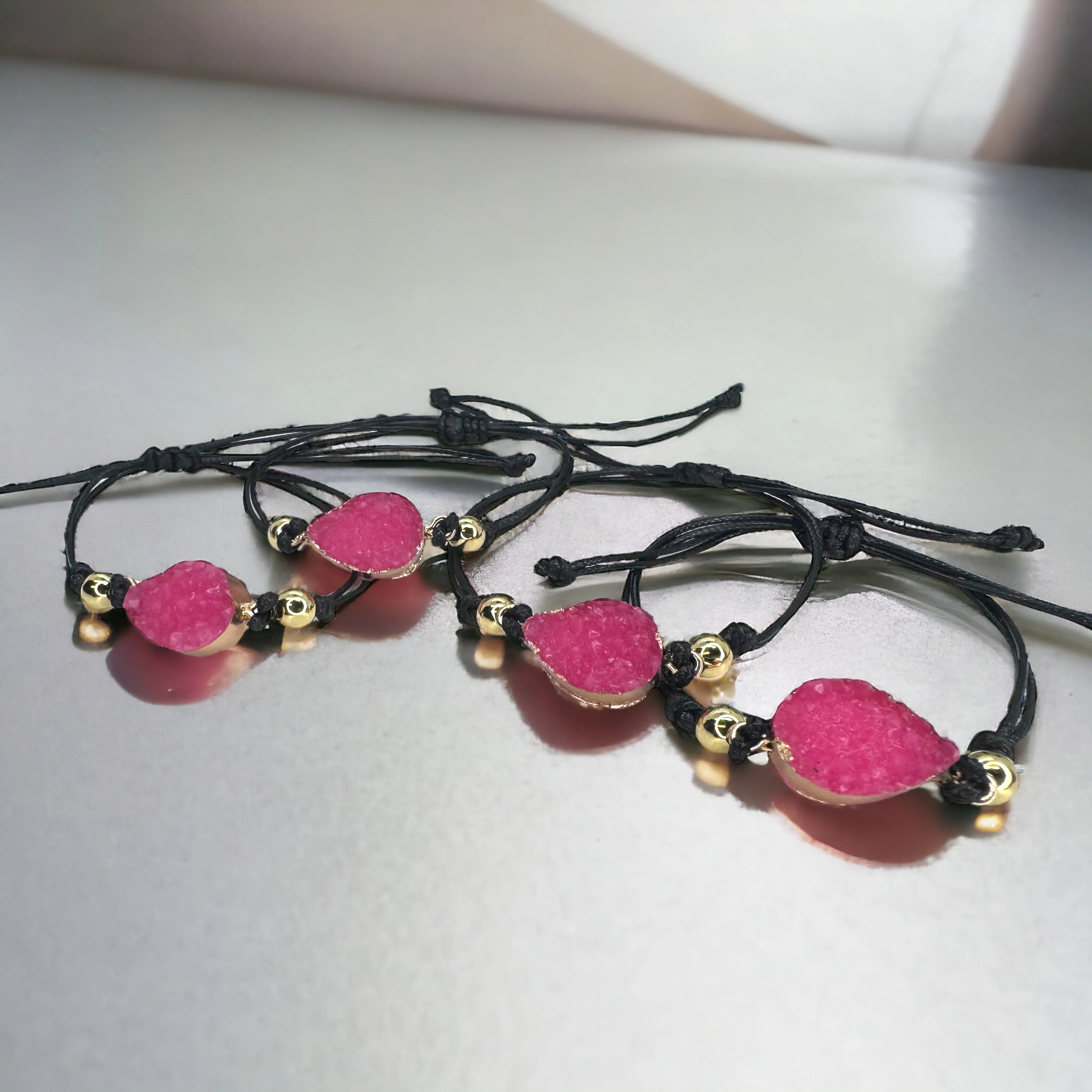 Black Leather Bracelet with Gold and Pink Charm