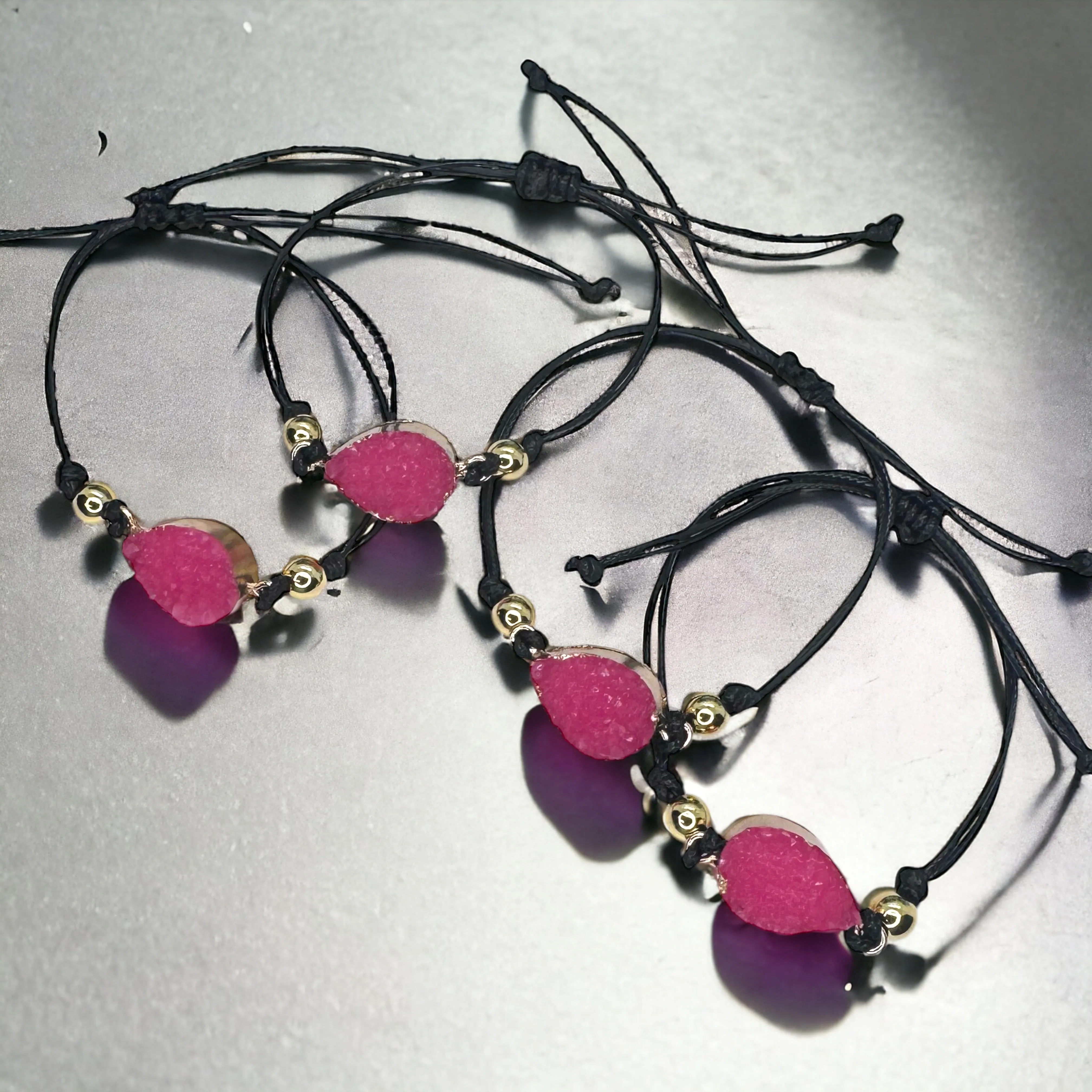 Black Leather Bracelet with Gold and Pink Charm