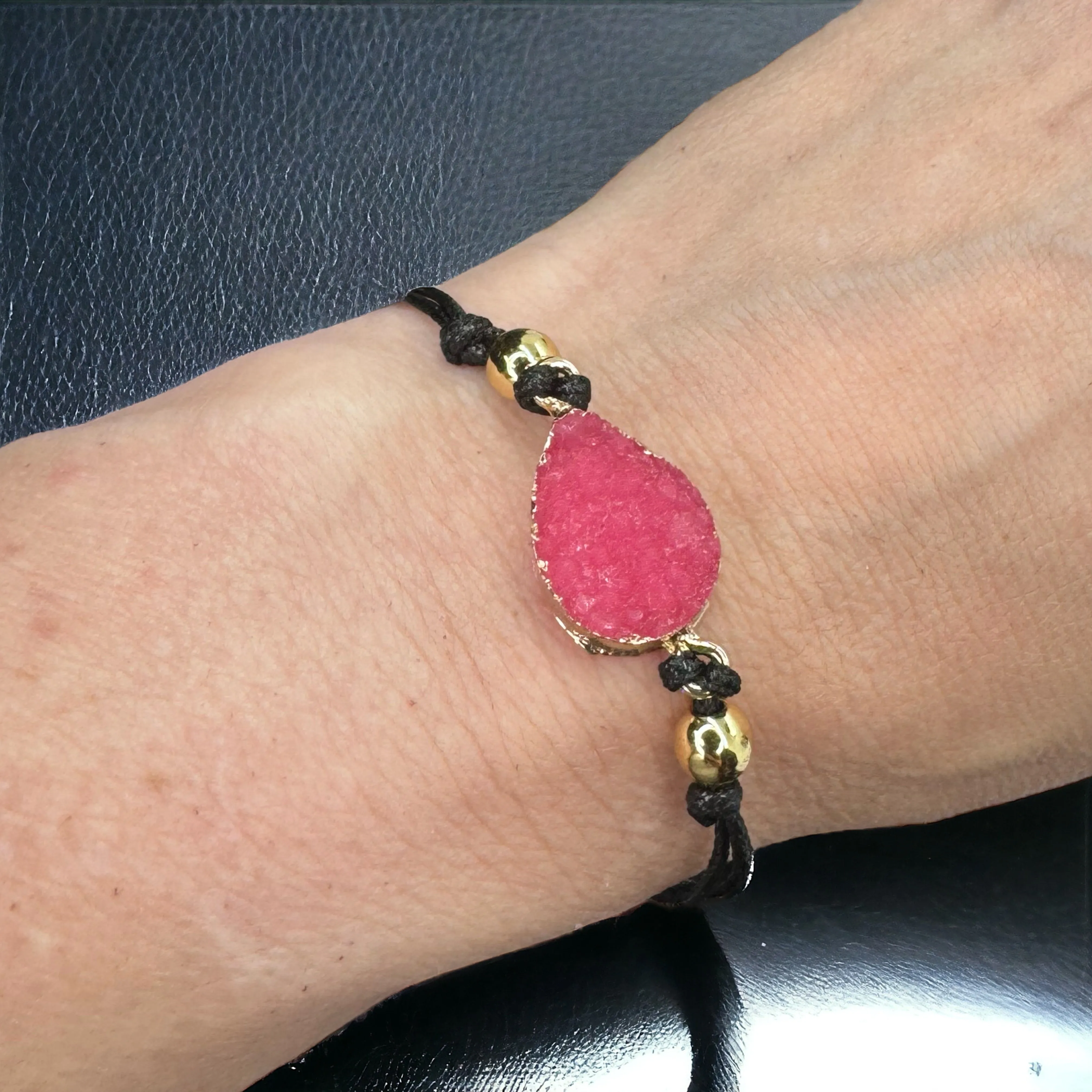 Black Leather Bracelet with Gold and Pink Charm