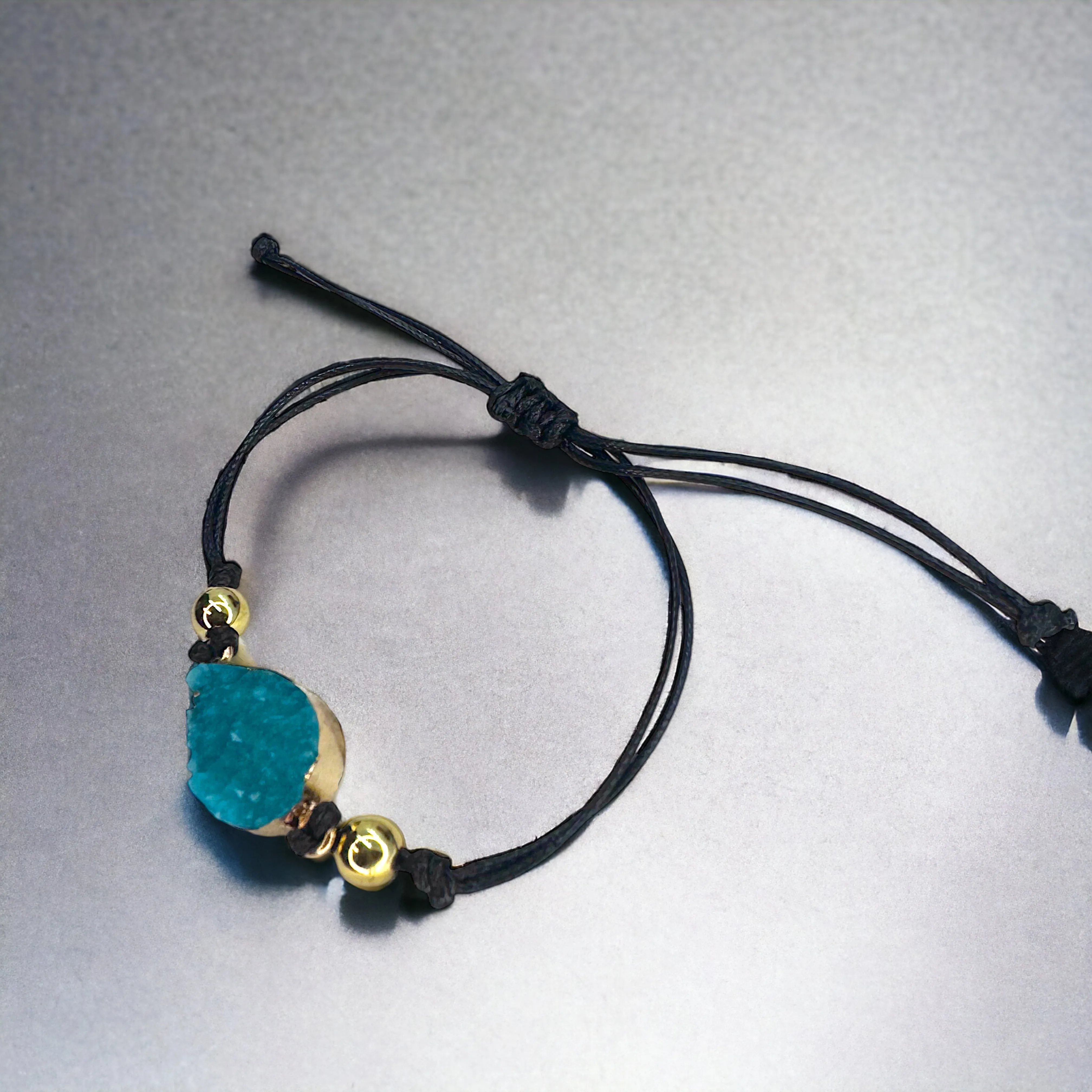 Black Leather Bracelet with Gold and Turquoise Charm