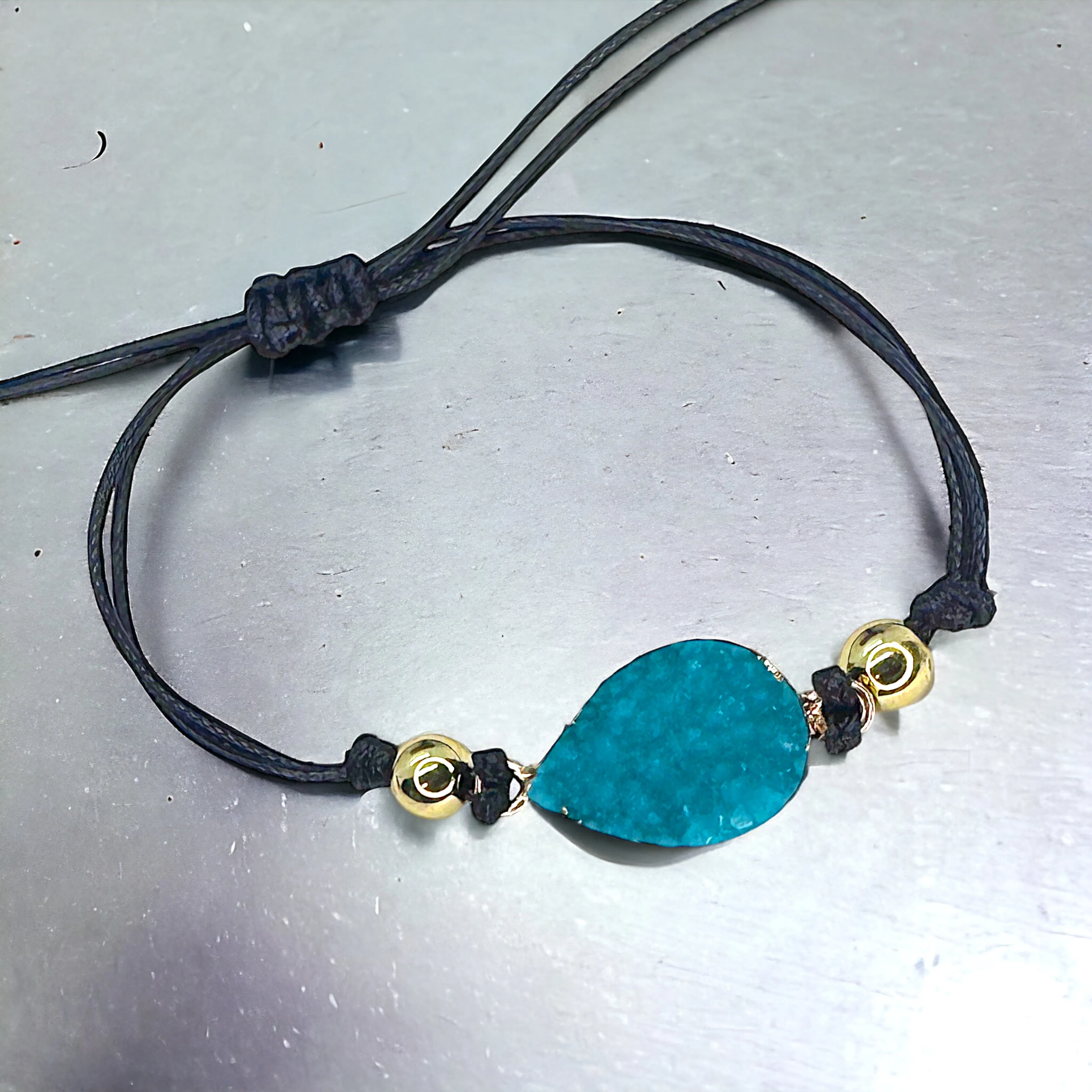 Black Leather Bracelet with Gold and Turquoise Charm