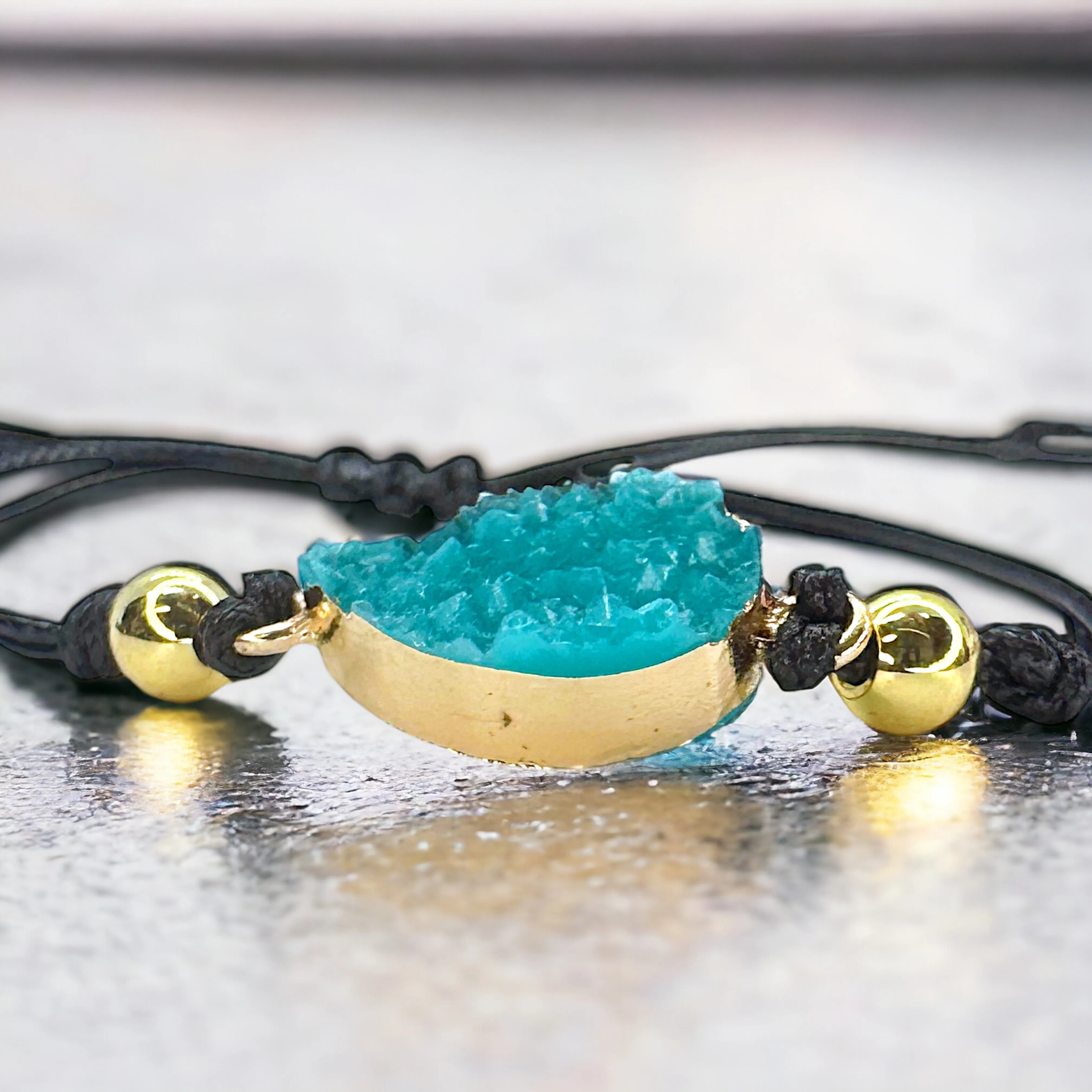 Black Leather Bracelet with Gold and Turquoise Charm