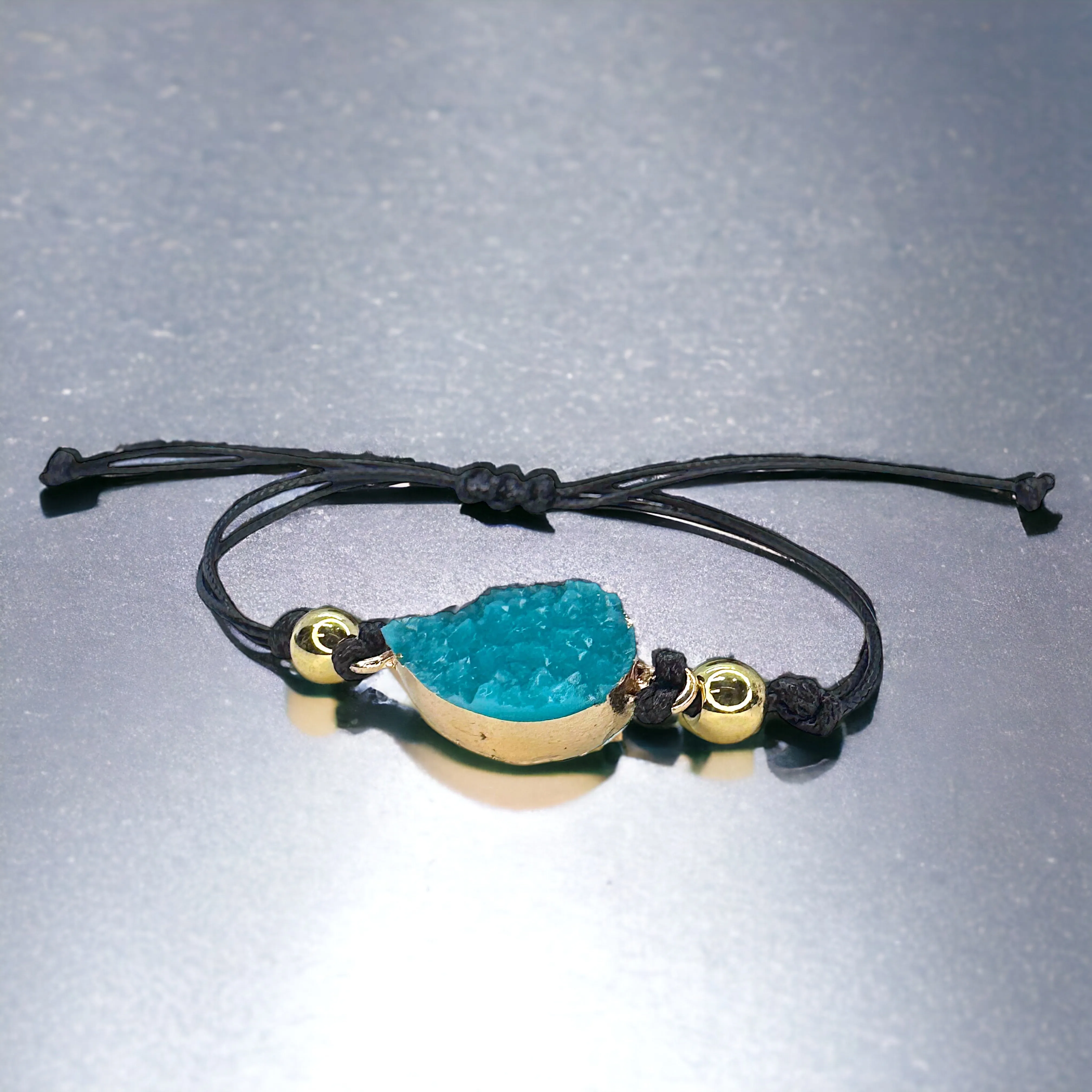 Black Leather Bracelet with Gold and Turquoise Charm