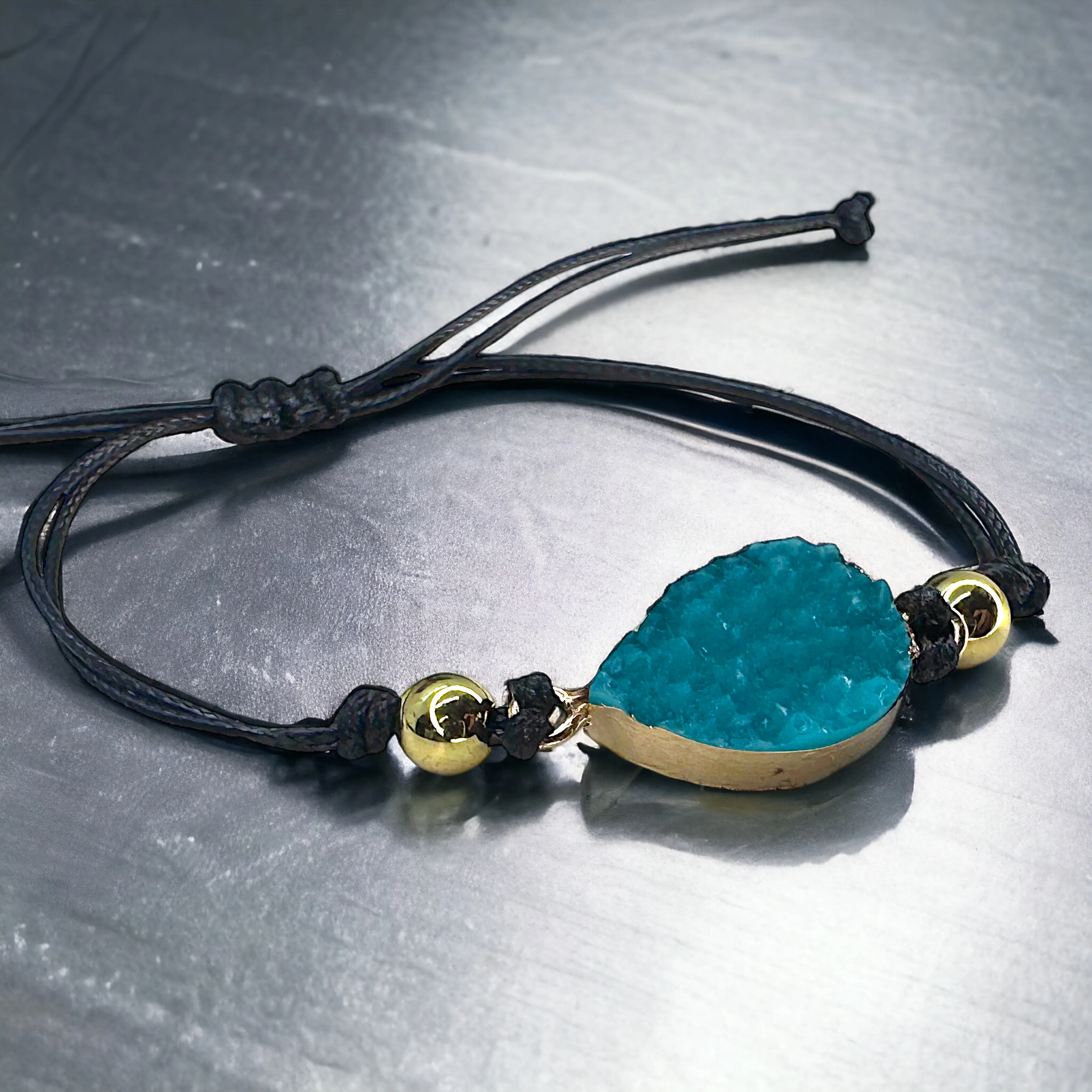 Black Leather Bracelet with Gold and Turquoise Charm