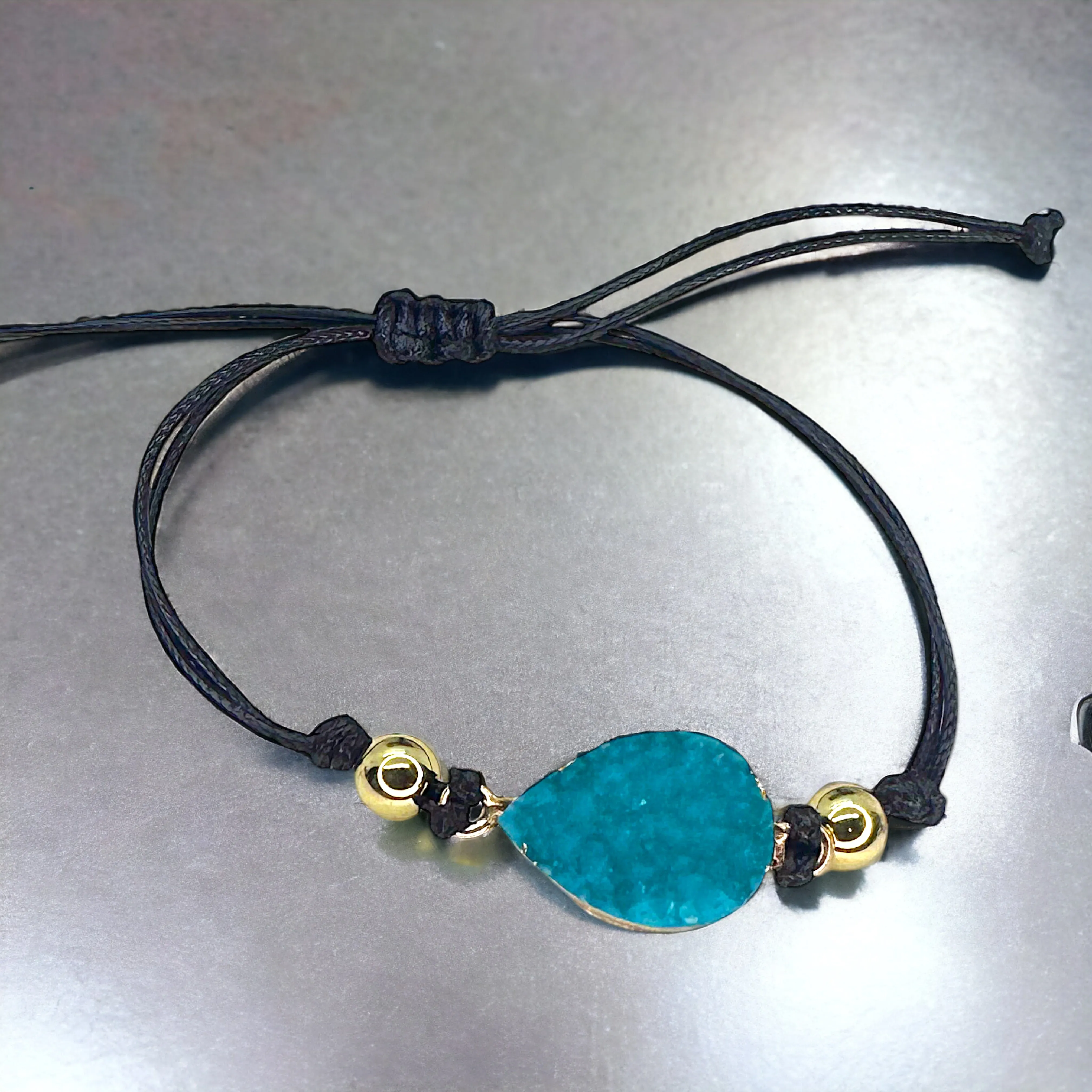 Black Leather Bracelet with Gold and Turquoise Charm