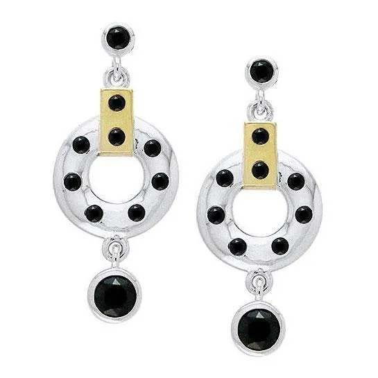 Black Magic Circle & Black Spinel Silver & Gold Earrings MER384