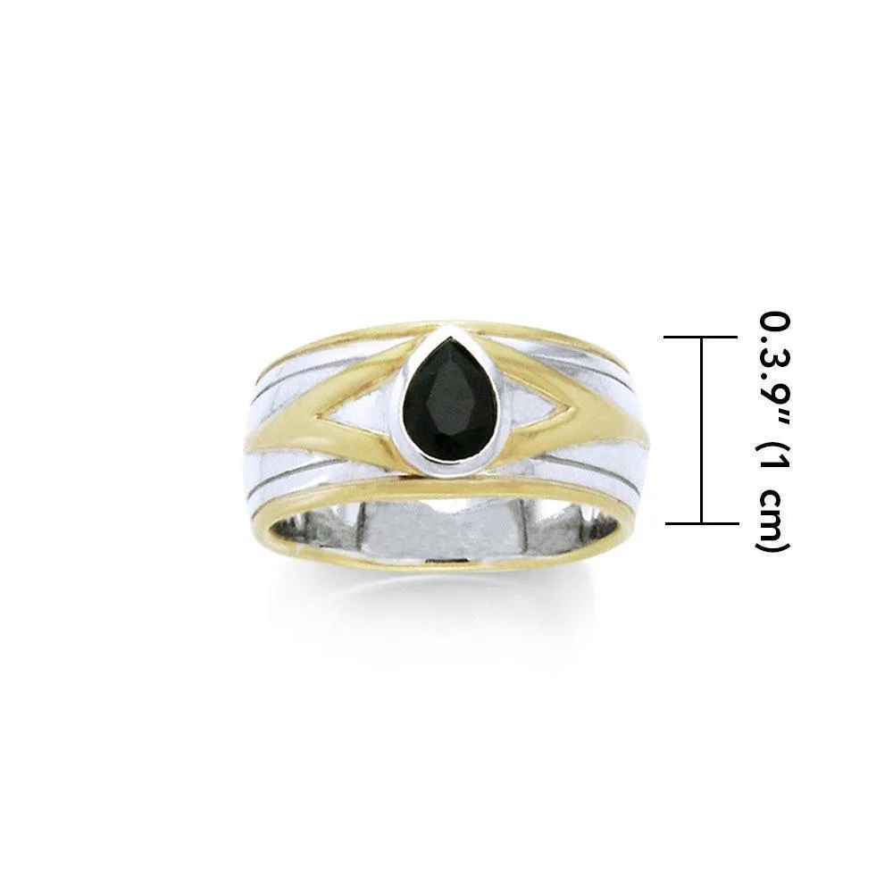 Black Magic Teardrop Solitare Silver & Gold Ring MRI476