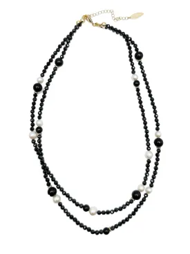 Black Obsidian And Freshwater Pearl Double Strands  Necklace KN056