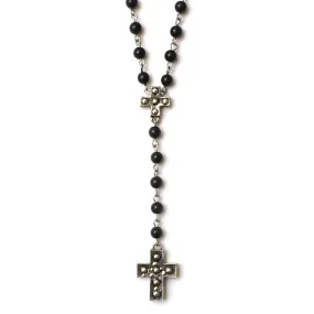 Black Onyx Rosary Necklace With Double Crucifix