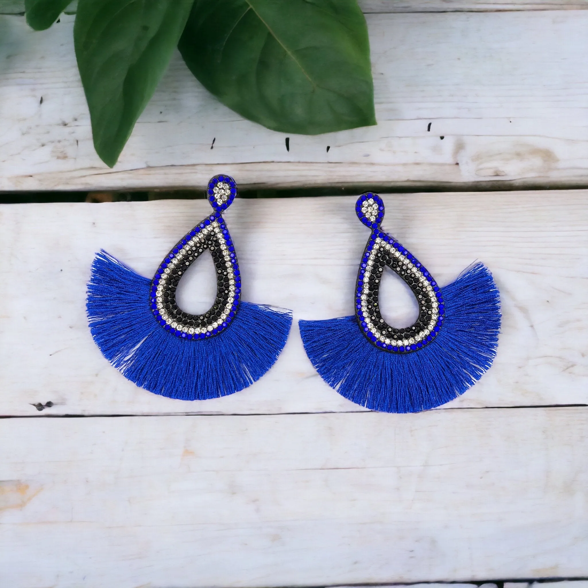 Blue and Black Earrings - Blue Accessories, Rhinestone Earrings, Blue and White Rhinestones, Fringe Earrings