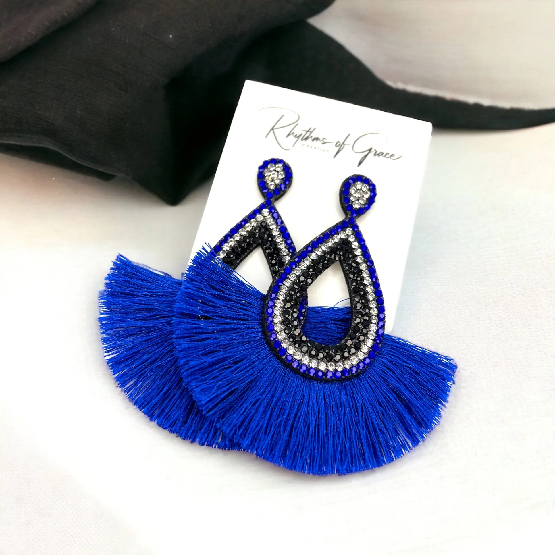 Blue and Black Earrings - Blue Accessories, Rhinestone Earrings, Blue and White Rhinestones, Fringe Earrings