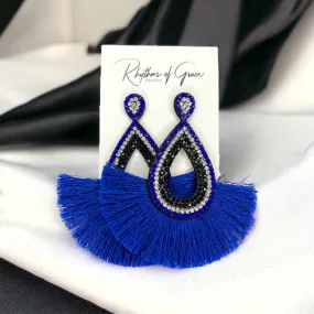 Blue and Black Earrings - Blue Accessories, Rhinestone Earrings, Blue and White Rhinestones, Fringe Earrings