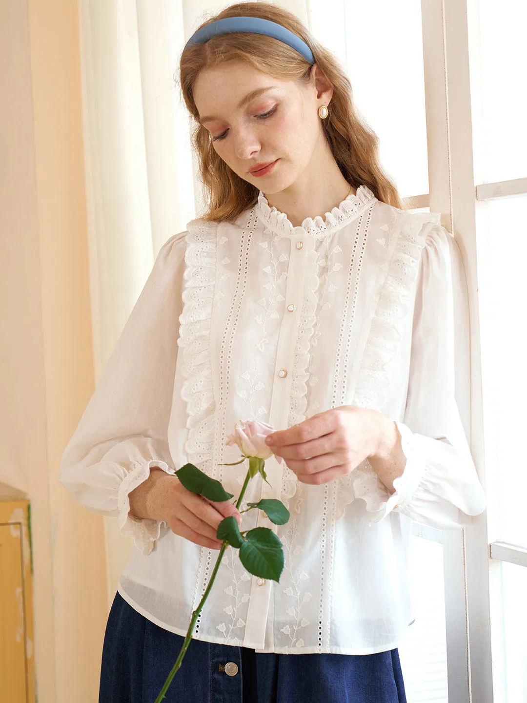 Braelyn French Vintage Embroidery Lace Panel Cotton Blouse