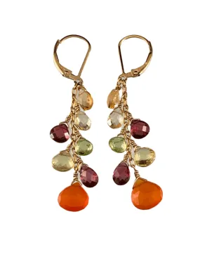 Carnelian Peridot Garnet Citrine Yellow Gold Waterfall Gemstone Earrings