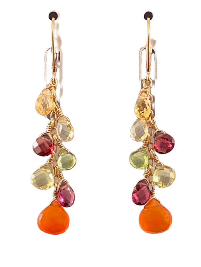 Carnelian Peridot Garnet Citrine Yellow Gold Waterfall Gemstone Earrings