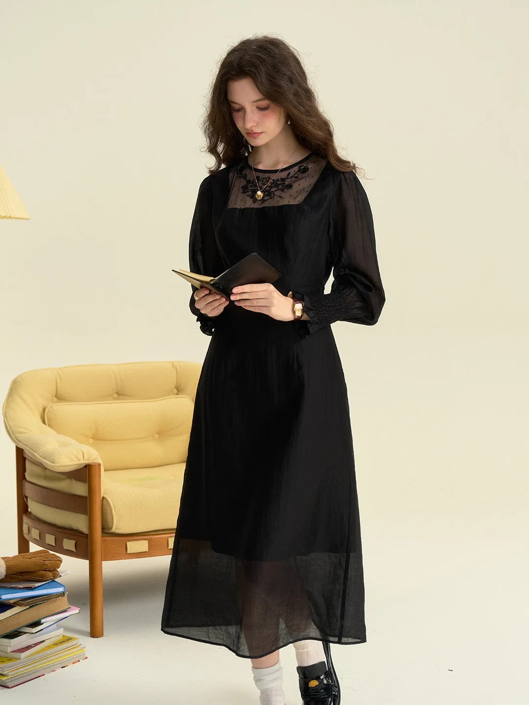 Carolyn Round Neck Mesh Embroidered Trimmed Sleeve Dress