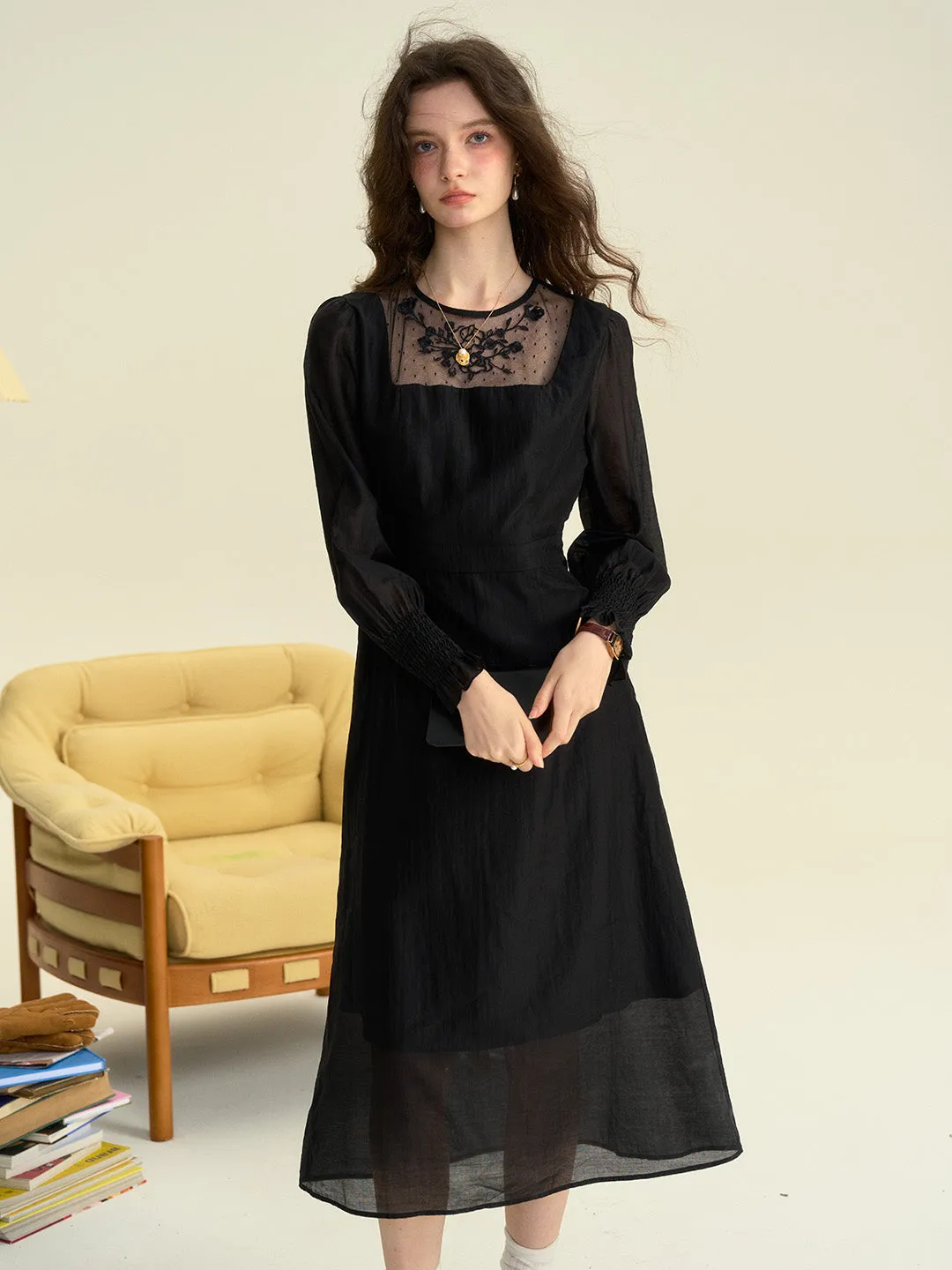 Carolyn Round Neck Mesh Embroidered Trimmed Sleeve Dress