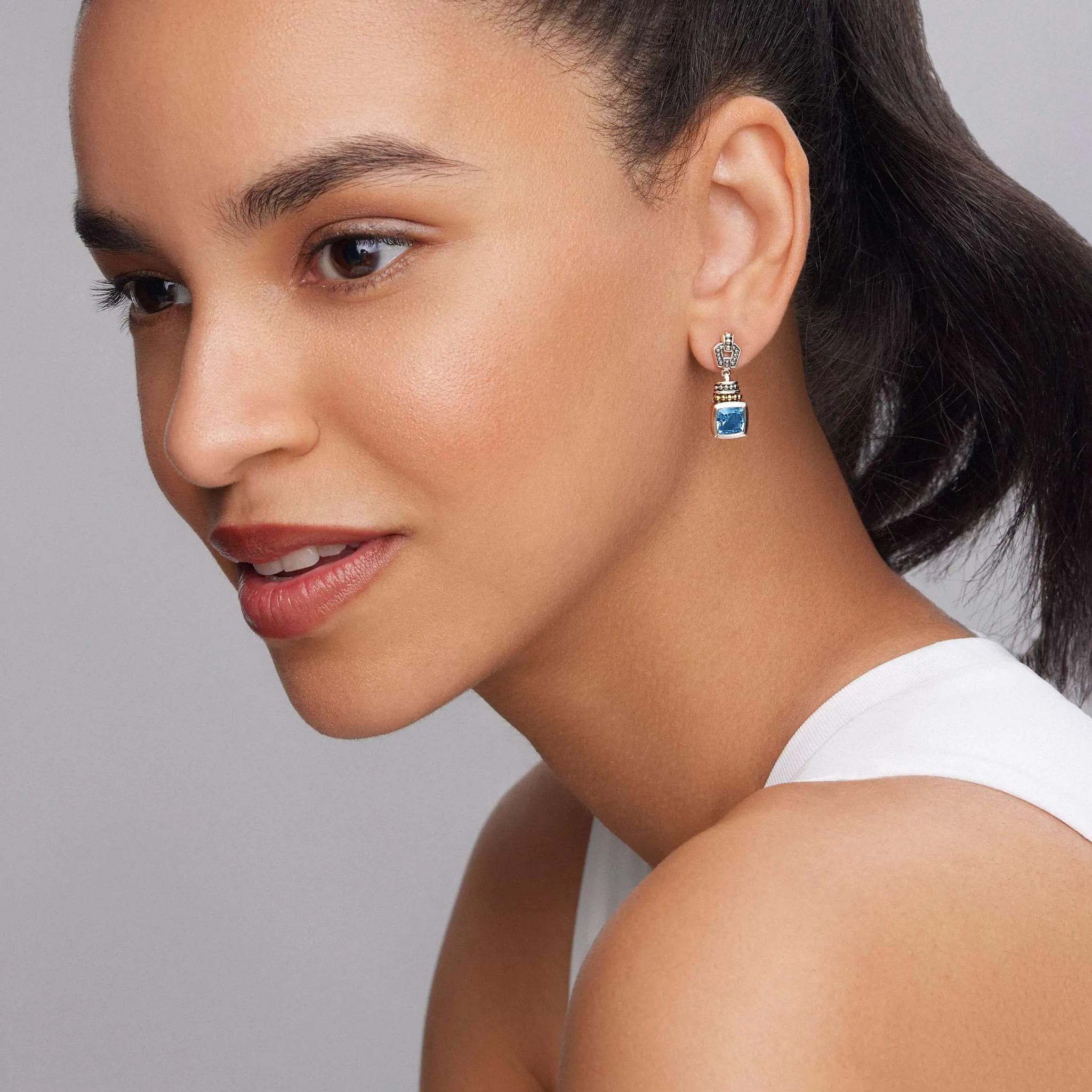 Caviar Color Swiss Blue Topaz Drop Earrings