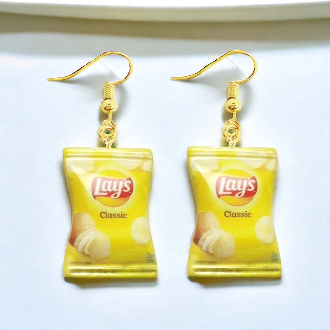 Chips Earrings - Chip Bag Earrings, Potato Chip Earrings, Handmade Earrings, Snack Food, Food Earrings