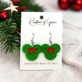 Christmas Mouse Earrings - Festive Mouse Ears, Red & Green Wreath Accessories