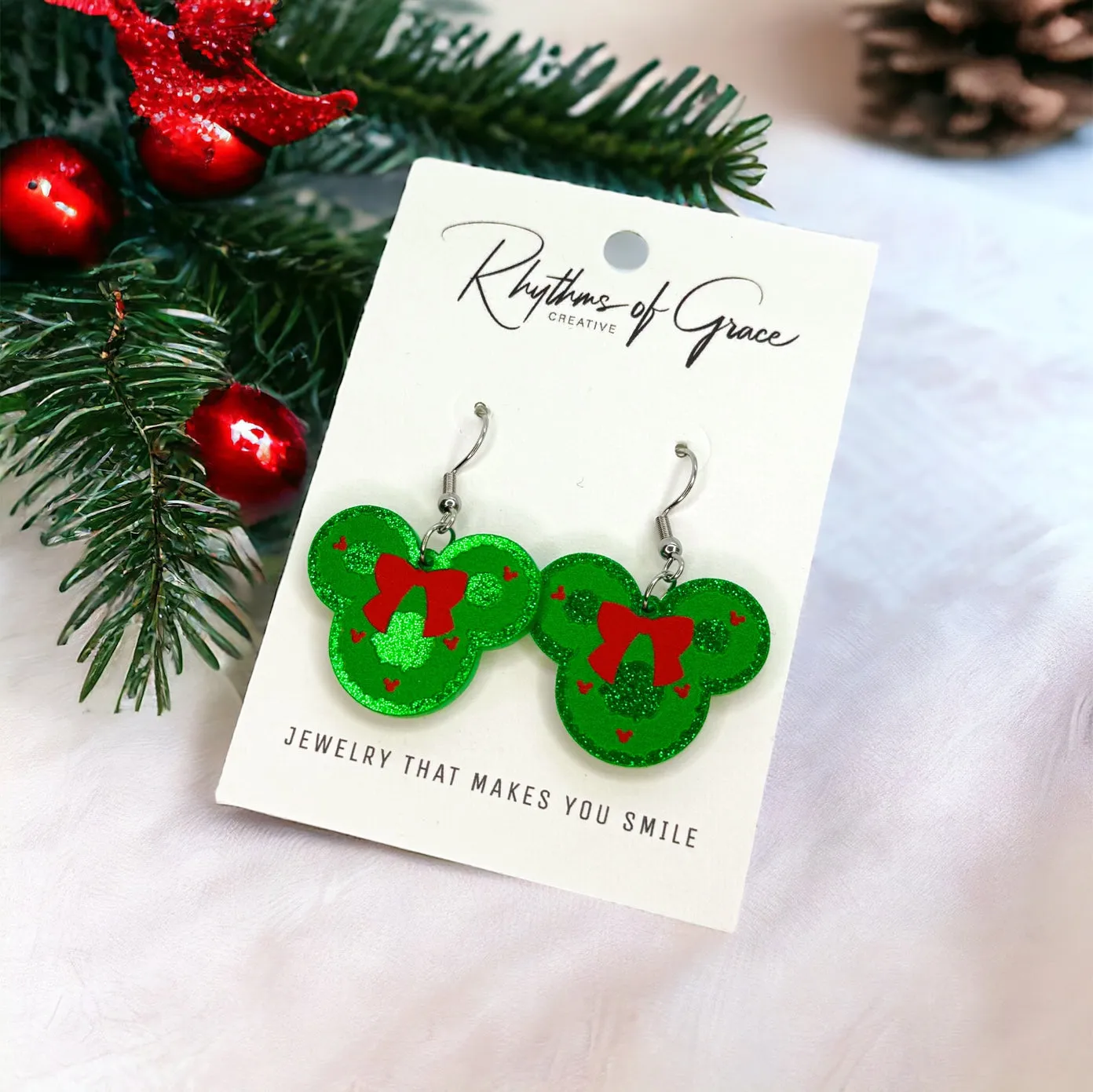 Christmas Mouse Earrings - Festive Mouse Ears, Red & Green Wreath Accessories