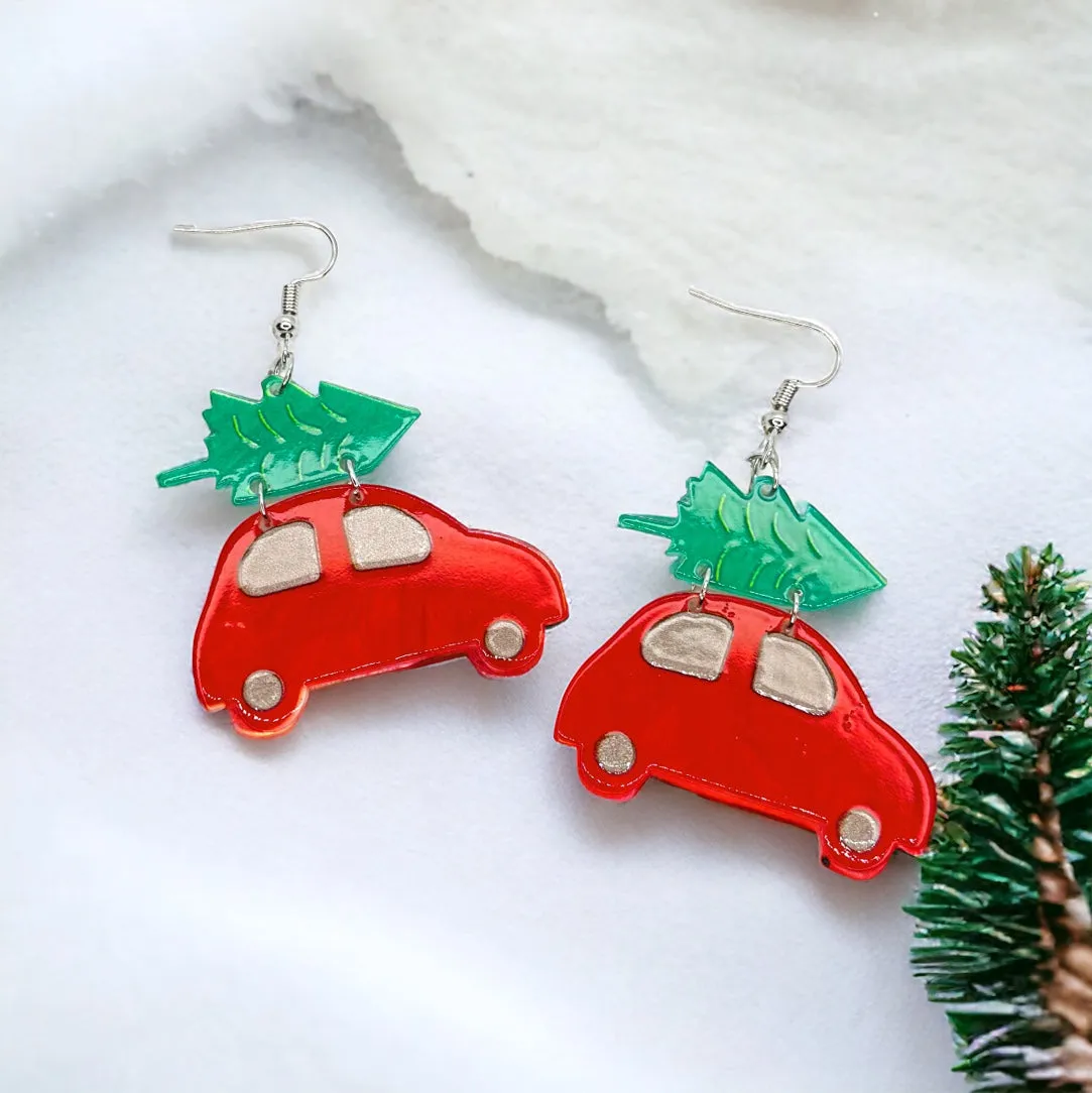 Christmas Truck Earrings - Christmas Tree, Red Truck, Christmas Earrings, Merry Christmas, Christmas Jewelry, Handmade Earrings