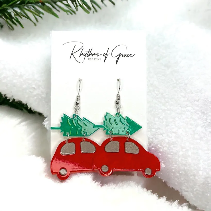 Christmas Truck Earrings - Christmas Tree, Red Truck, Christmas Earrings, Merry Christmas, Christmas Jewelry, Handmade Earrings