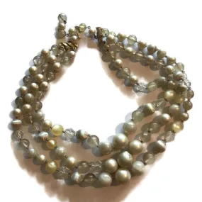 Chunky Triple Strand Crystals and Faux Pearl Beaded Necklace circa 1960s