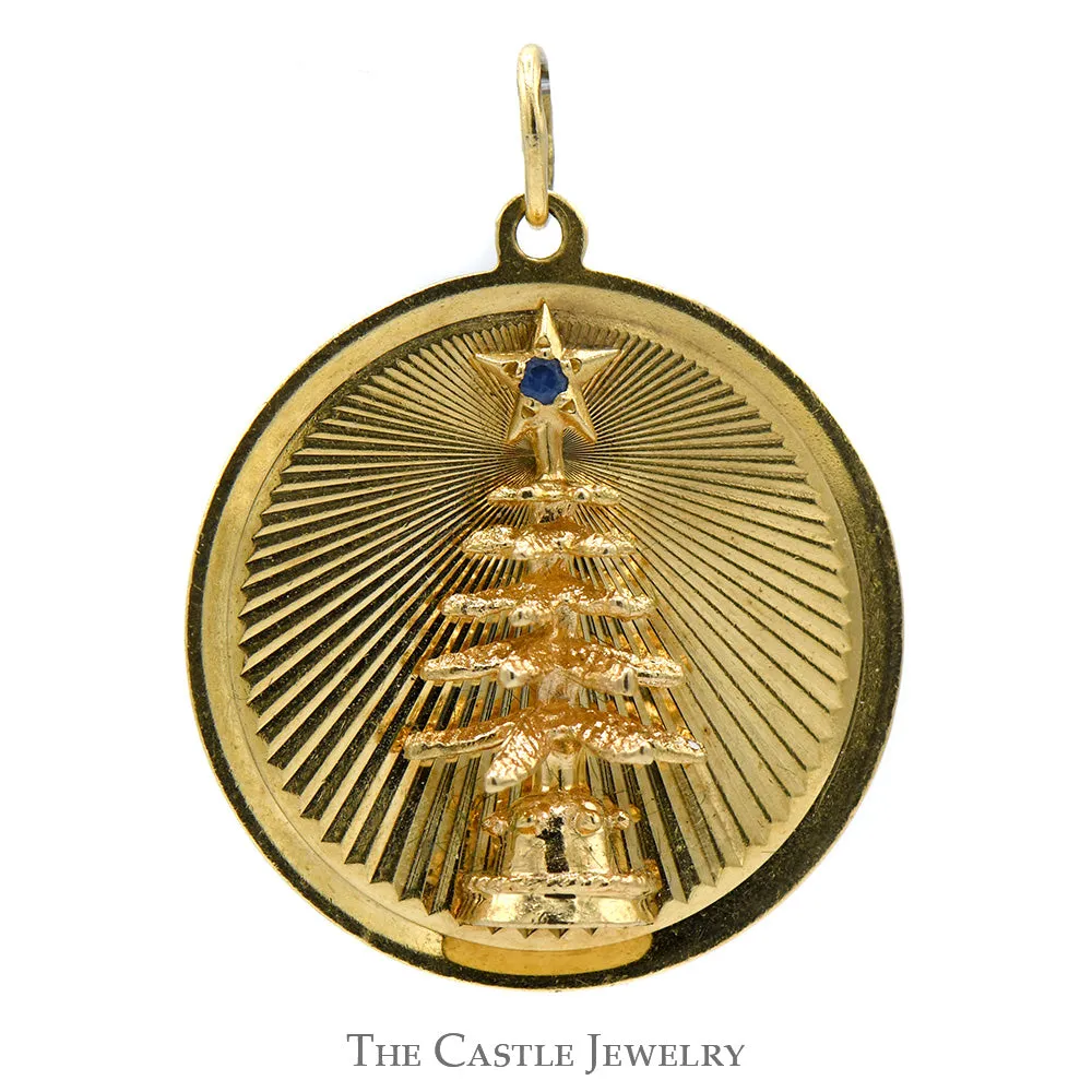 Circular Christmas Tree Pendant with Round Sapphire Accent in 14k Yellow Gold