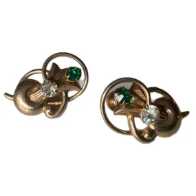 Corsage Shaped Green Rhinestone Clip Earrings circa 1940s