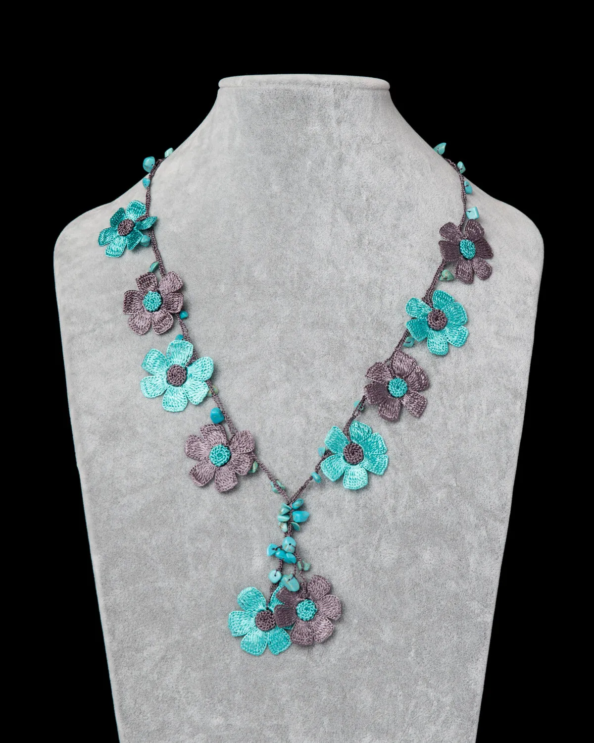 Crocheted Necklace with Daisy Motif - Aqua & Grey