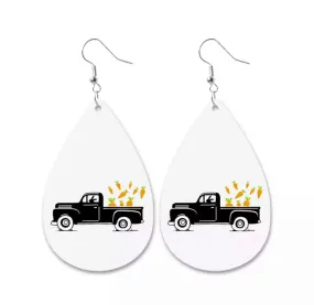 Cute Easter Leather Drop Earrings with Vintage Truck