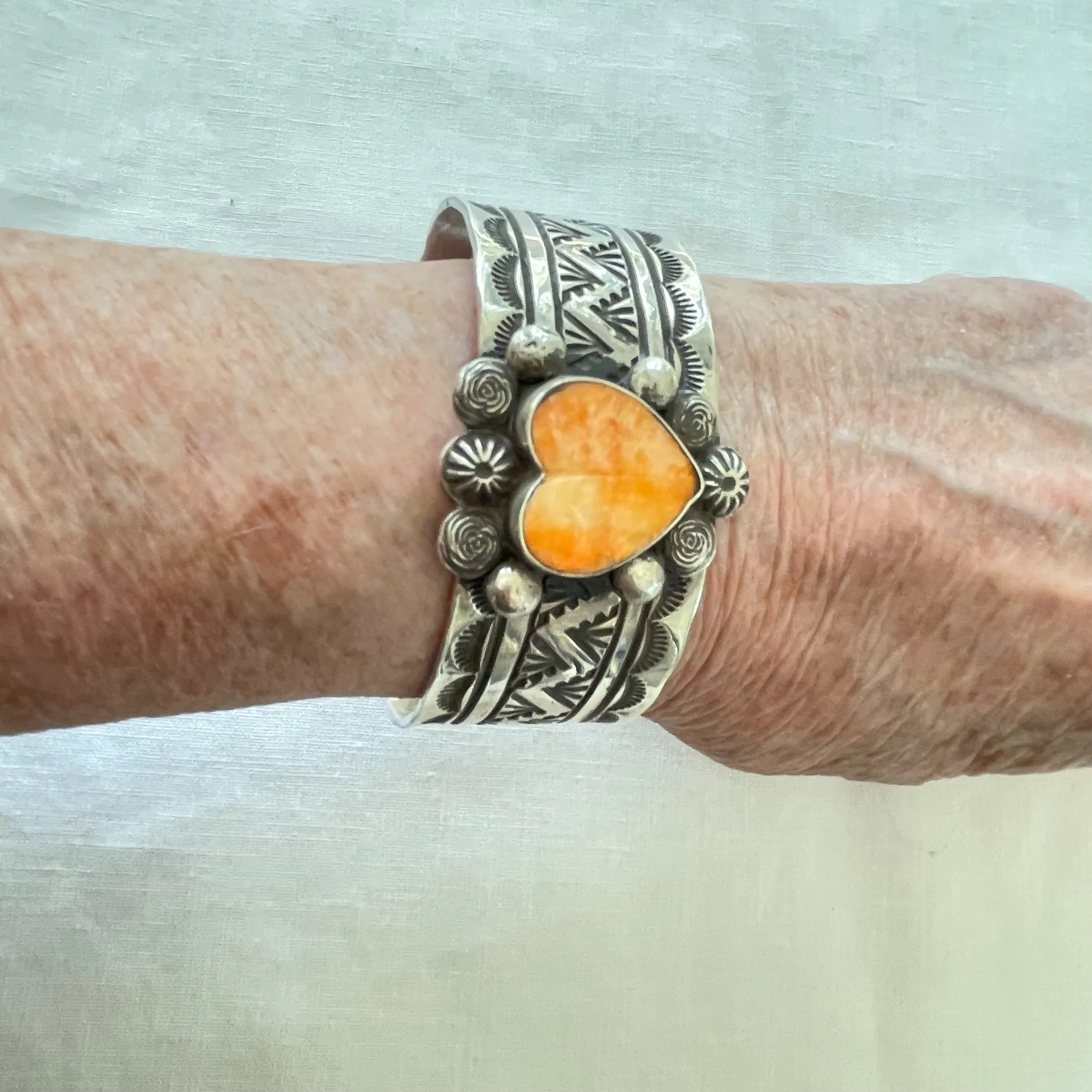 Damian Cotton Navajo Bracelet, Spiny Oyster Sterling Stamped Bracelet