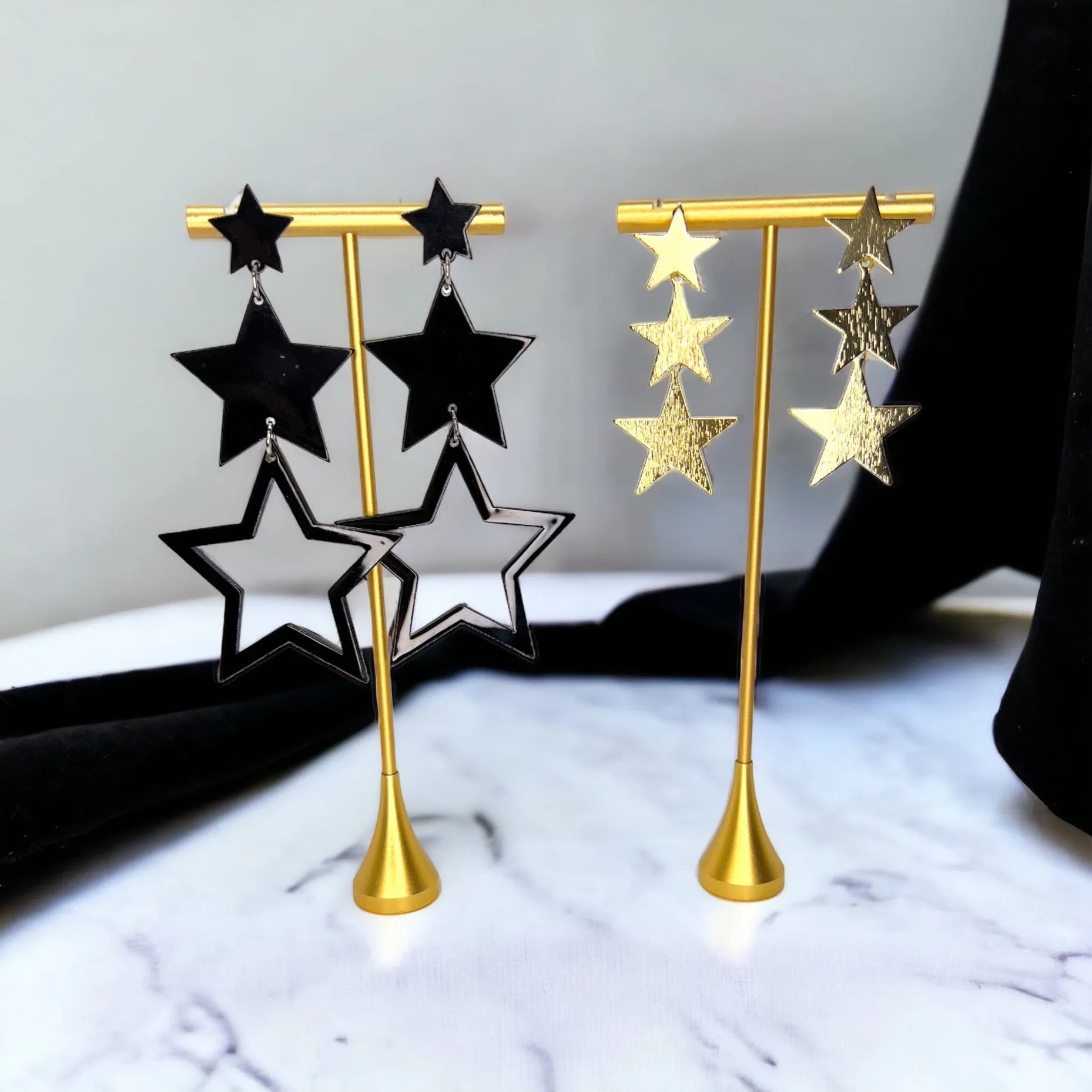 Dangle Star Earrings - Gold Glitter, Gold Star Earrings, Black Star Earrings, Handmade Earrings, Rhinestone Earrings, Star Accessories