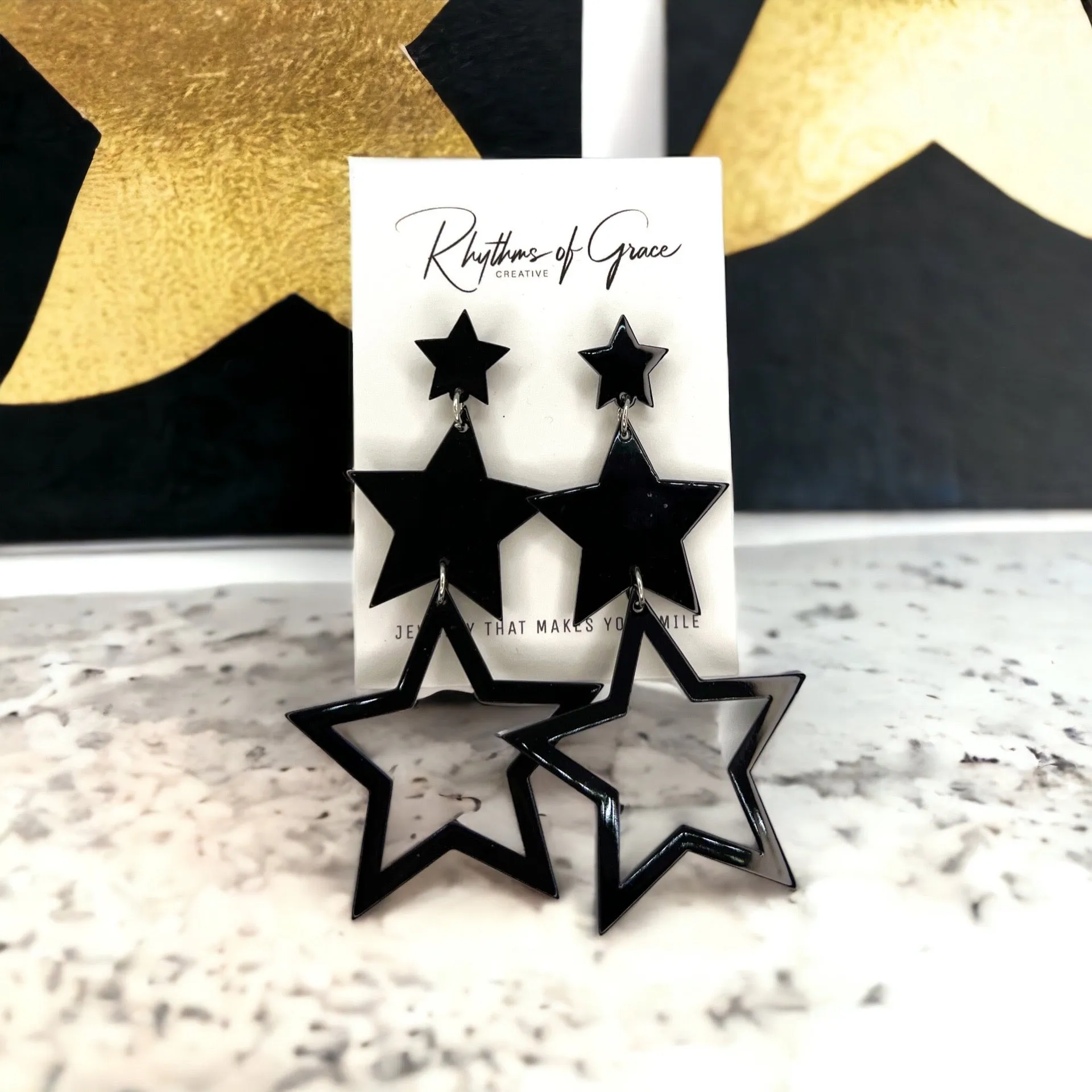 Dangle Star Earrings - Gold Glitter, Gold Star Earrings, Black Star Earrings, Handmade Earrings, Rhinestone Earrings, Star Accessories