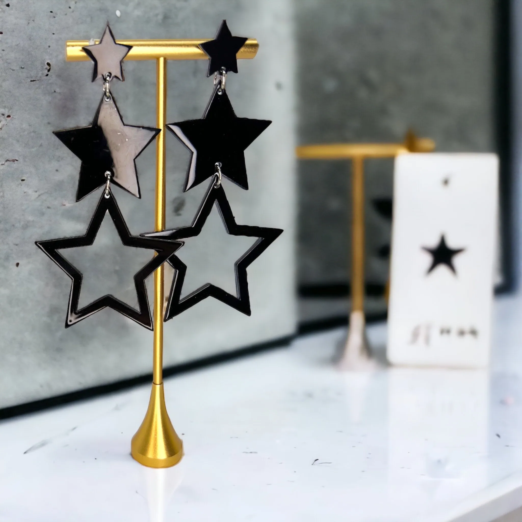 Dangle Star Earrings - Gold Glitter, Gold Star Earrings, Black Star Earrings, Handmade Earrings, Rhinestone Earrings, Star Accessories