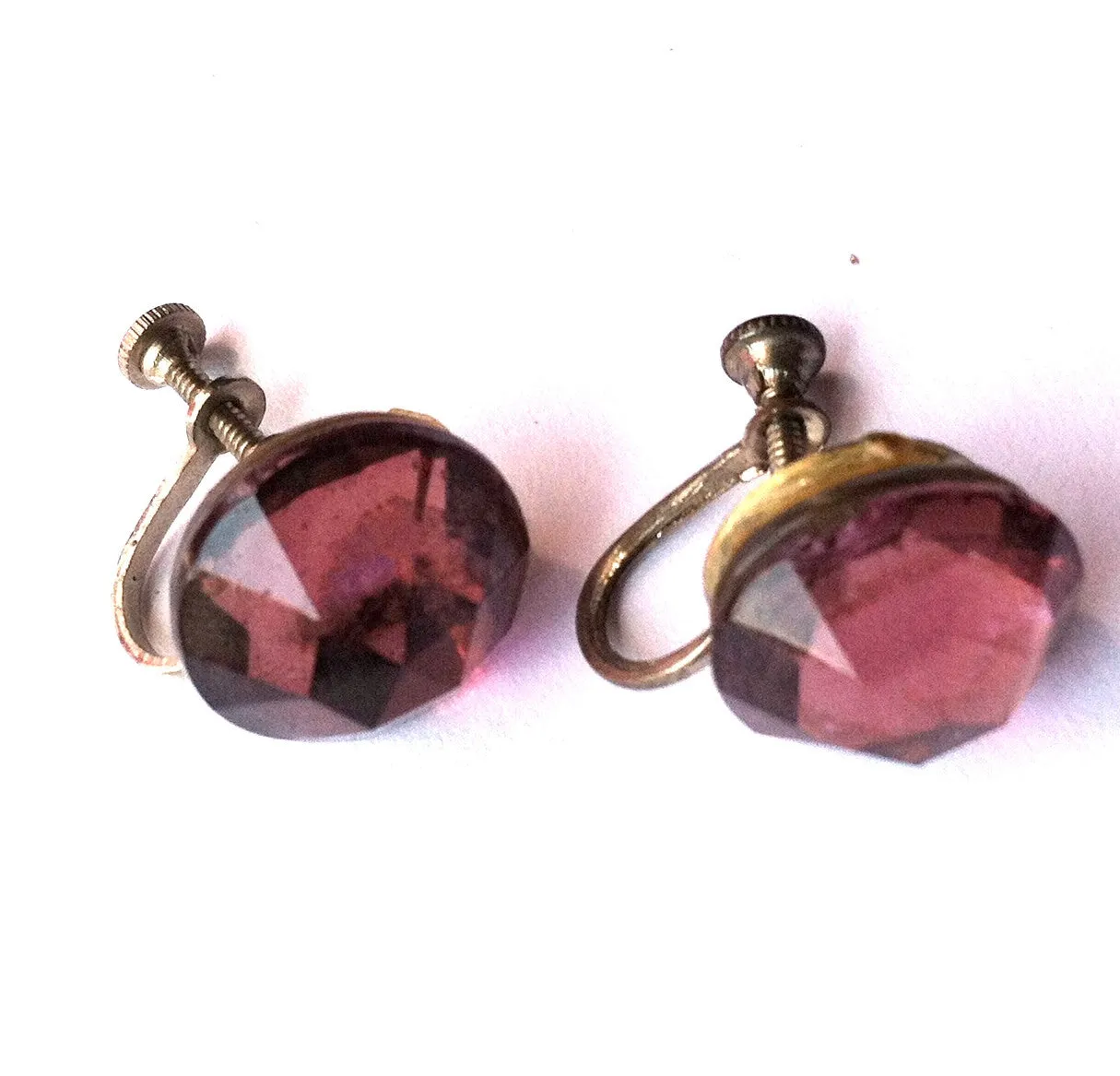 Deep Amethyst Hued Glass Screwback Clip Earrings circa 1950s