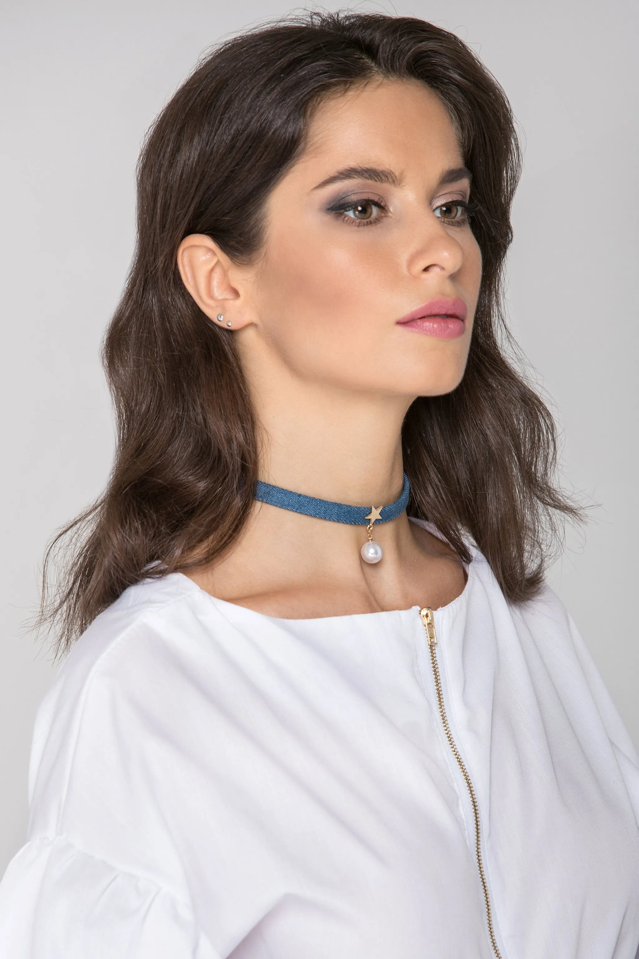 Denim Star Pearl Choker Necklace