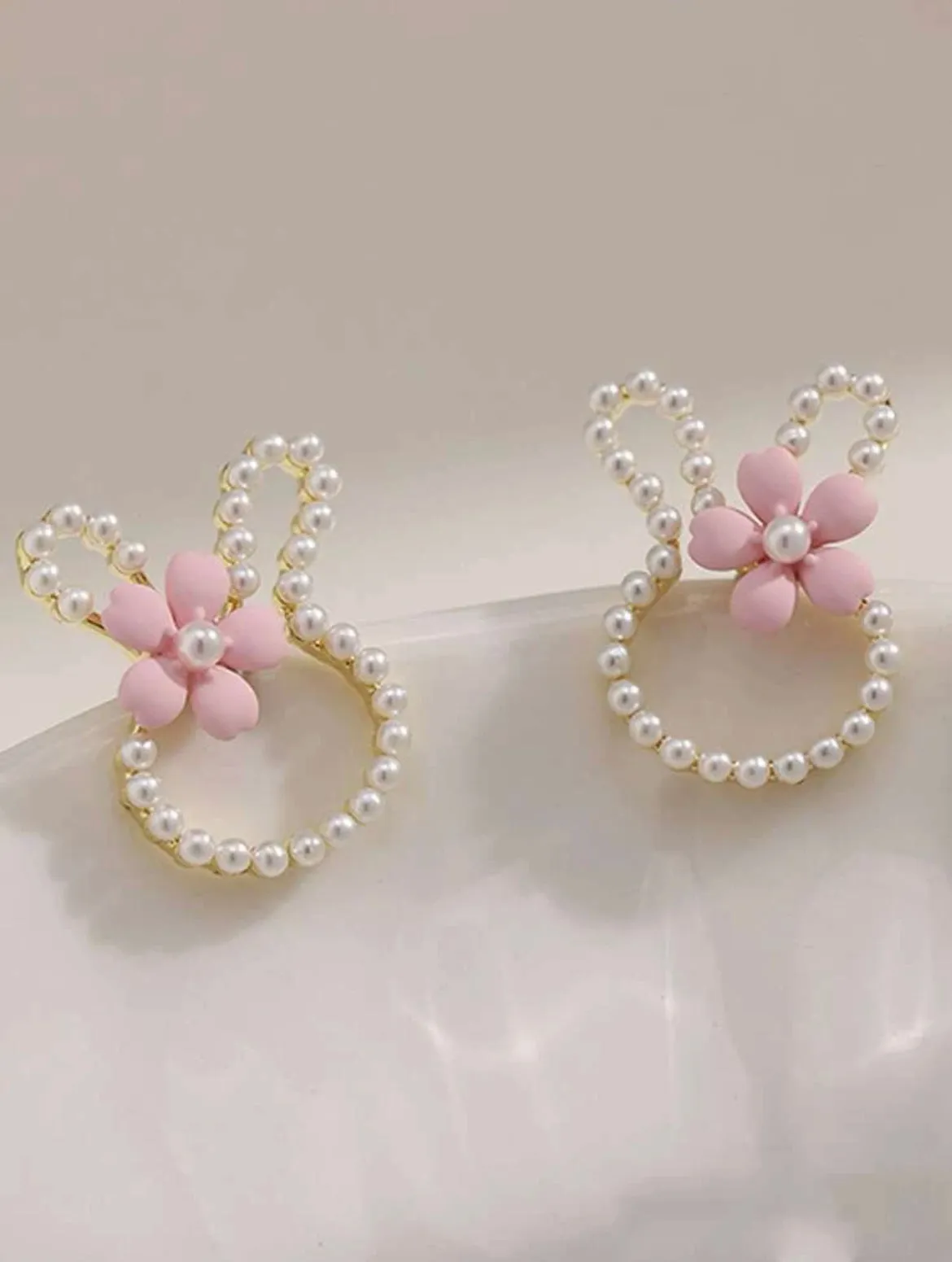 Easter Bunny Earrings with Pearls and a Dainty Flower