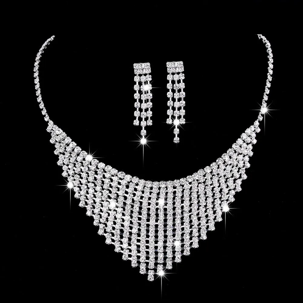 Full Rhinestone Zircon Water Drop Necklace Earrings Jewelry Set