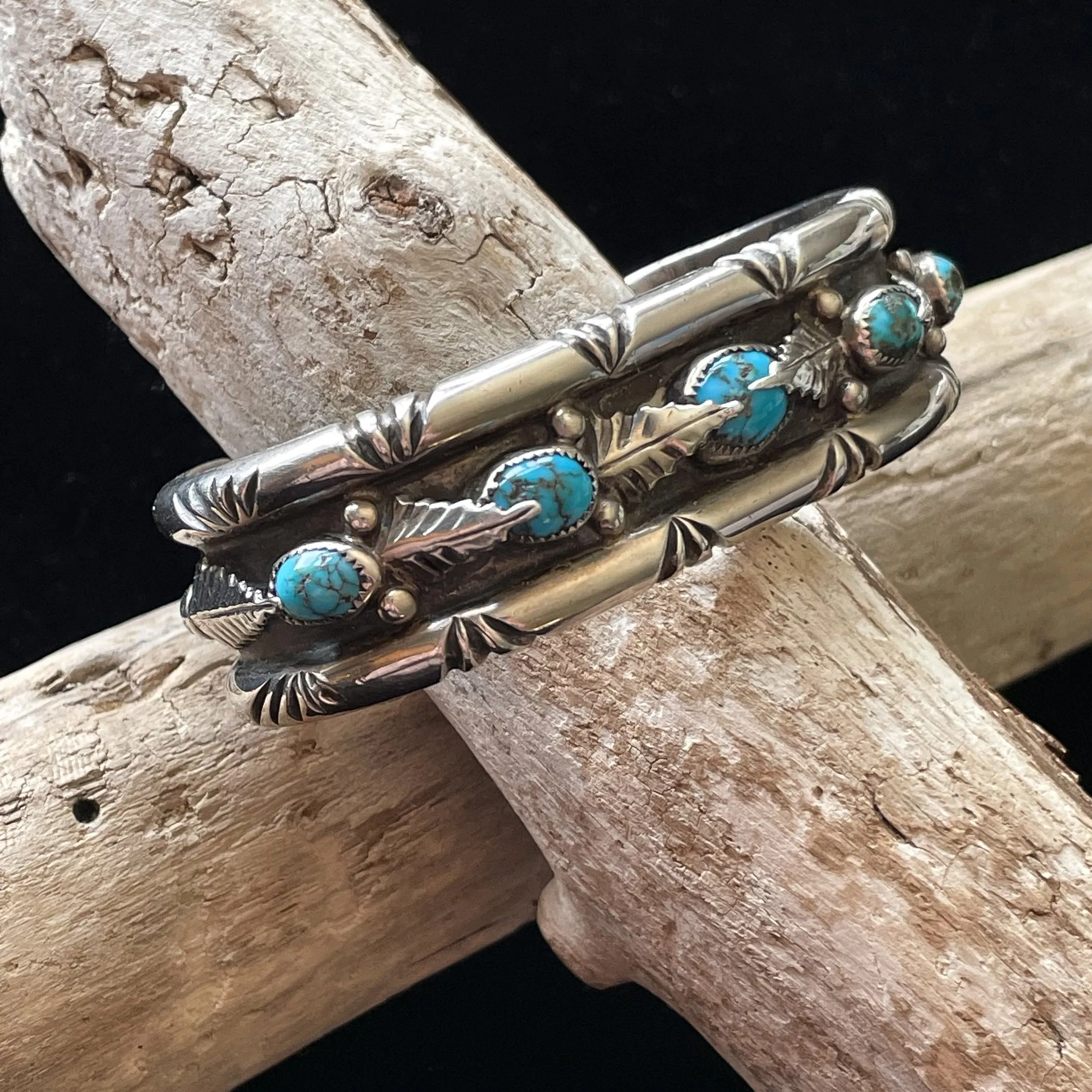 G.A. Vintage 70s Sterling Turquoise Leaf Applique Bracelet, Genevieve Apachito Navajo