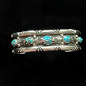 G.A. Vintage 70s Sterling Turquoise Leaf Applique Bracelet, Genevieve Apachito Navajo