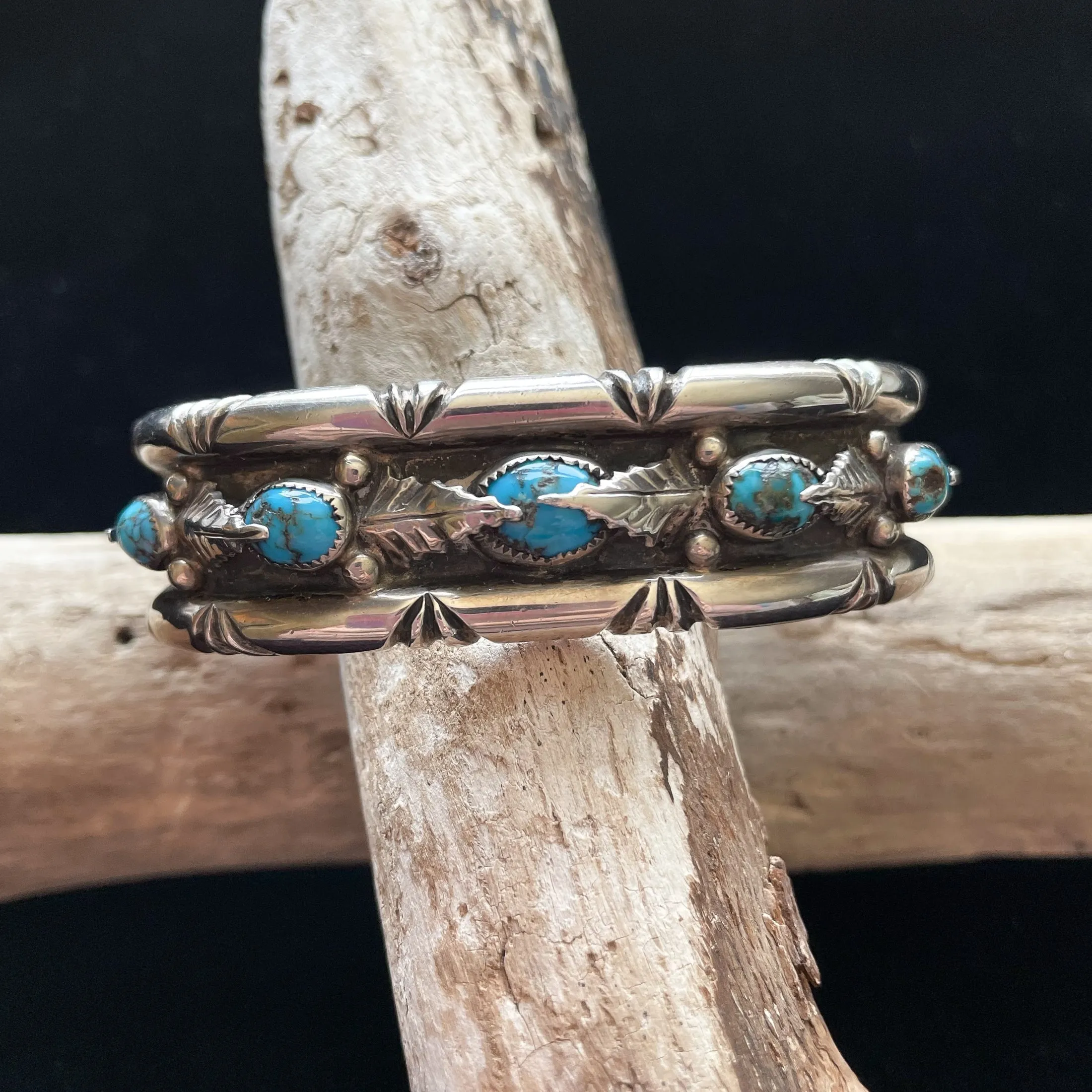 G.A. Vintage 70s Sterling Turquoise Leaf Applique Bracelet, Genevieve Apachito Navajo