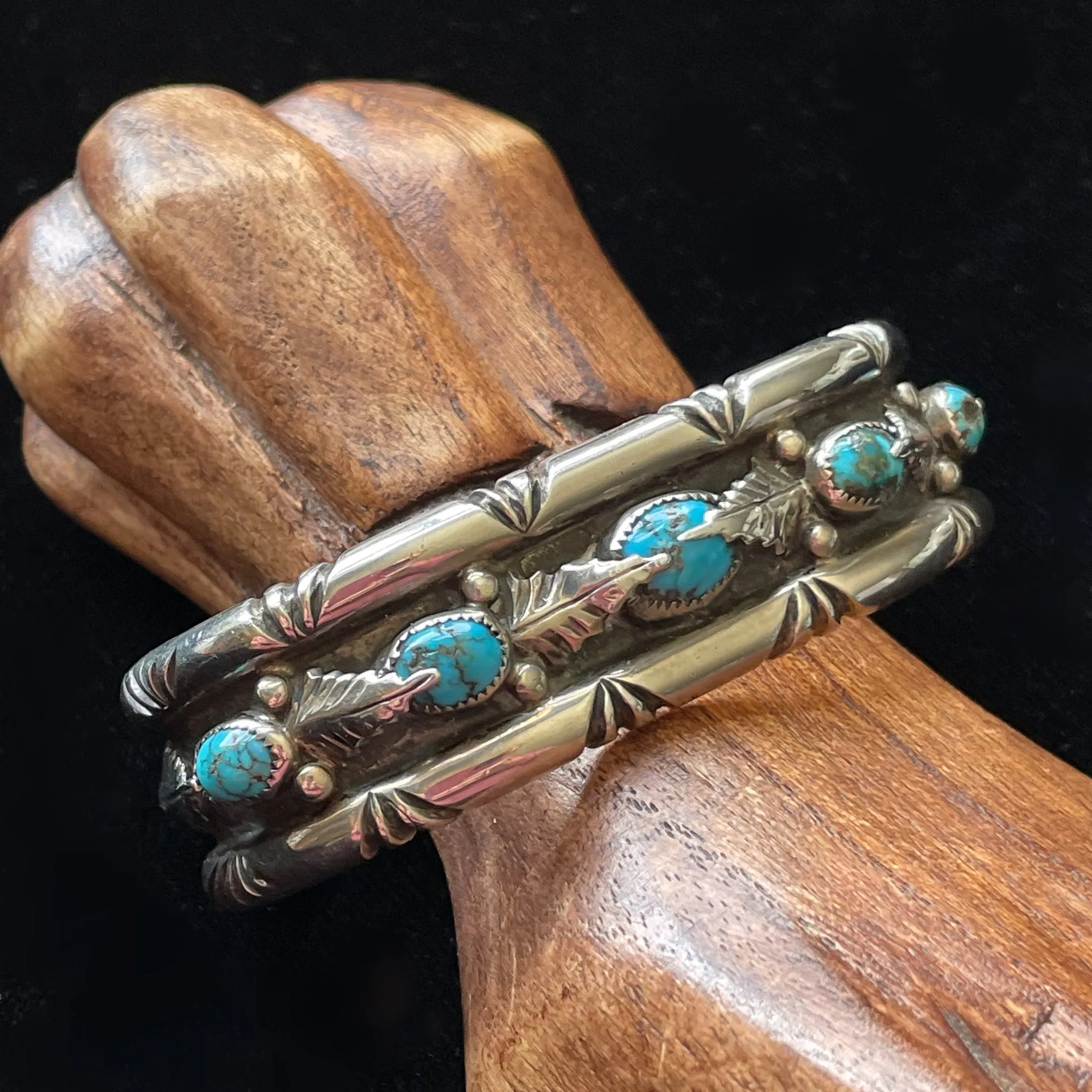 G.A. Vintage 70s Sterling Turquoise Leaf Applique Bracelet, Genevieve Apachito Navajo