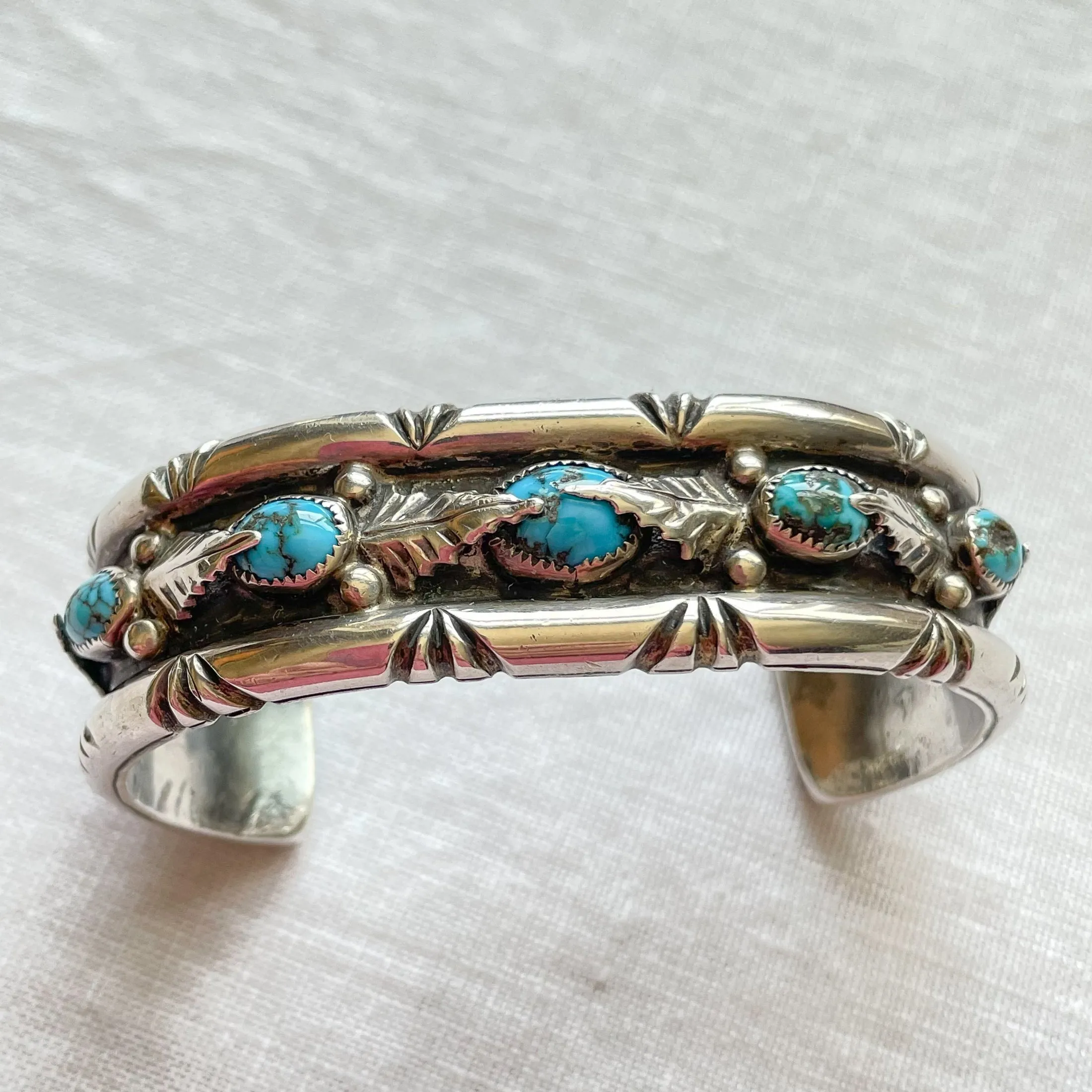 G.A. Vintage 70s Sterling Turquoise Leaf Applique Bracelet, Genevieve Apachito Navajo